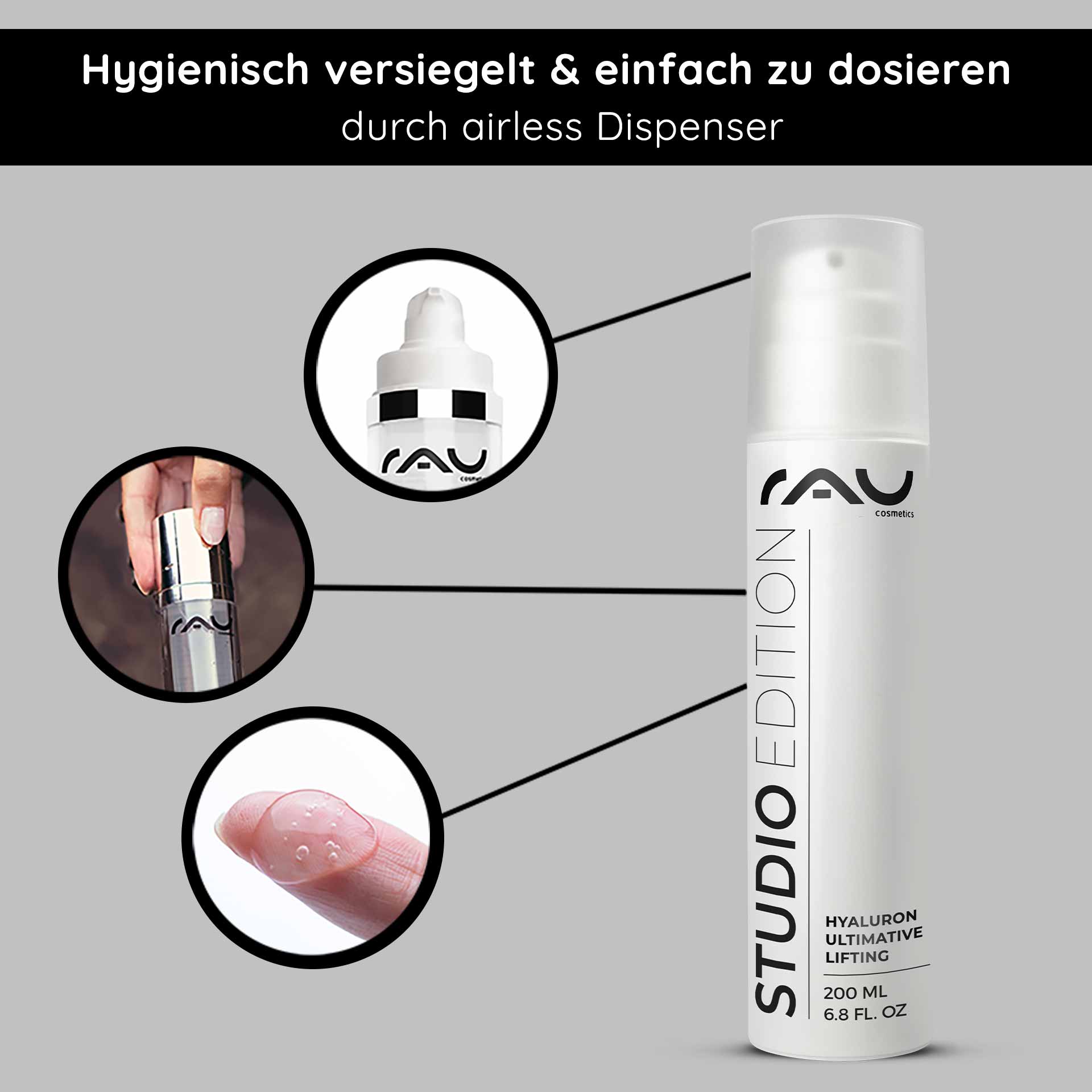 Hyaluron Ultimate Lifting 200 ml Gel all'acido ialuronico RAU Cosmetics Hyaluron Ultimative Lifting Gel im Airless-Spender mit hygienischer Verpackung, Anwendung mit der Fingerspitze und Produktdetails, die die Anti-Aging-Vorteile hervorheben.