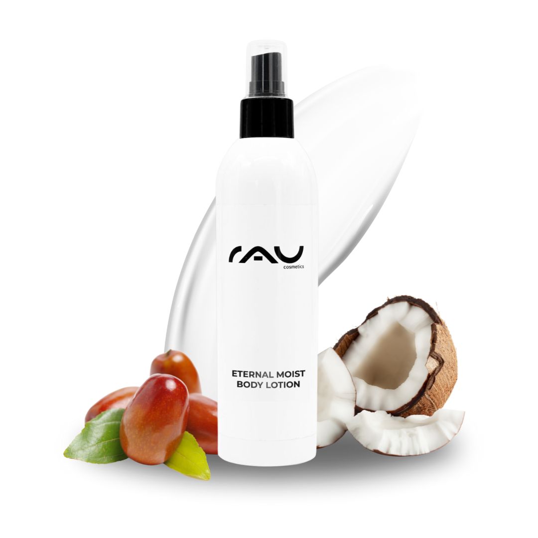 RAU Eternal Moist Body Lotion 250 ml - Idratazione intensa per una pelle soffice come una carezza RAU Eternal Moist Body Lotion, 250-ml-Flasche mit Kokosnuss und pflegenden Inhaltsstoffen, die auf intensive Feuchtigkeitsversorgung trockener Haut und eine seidige Textur Wert legen.