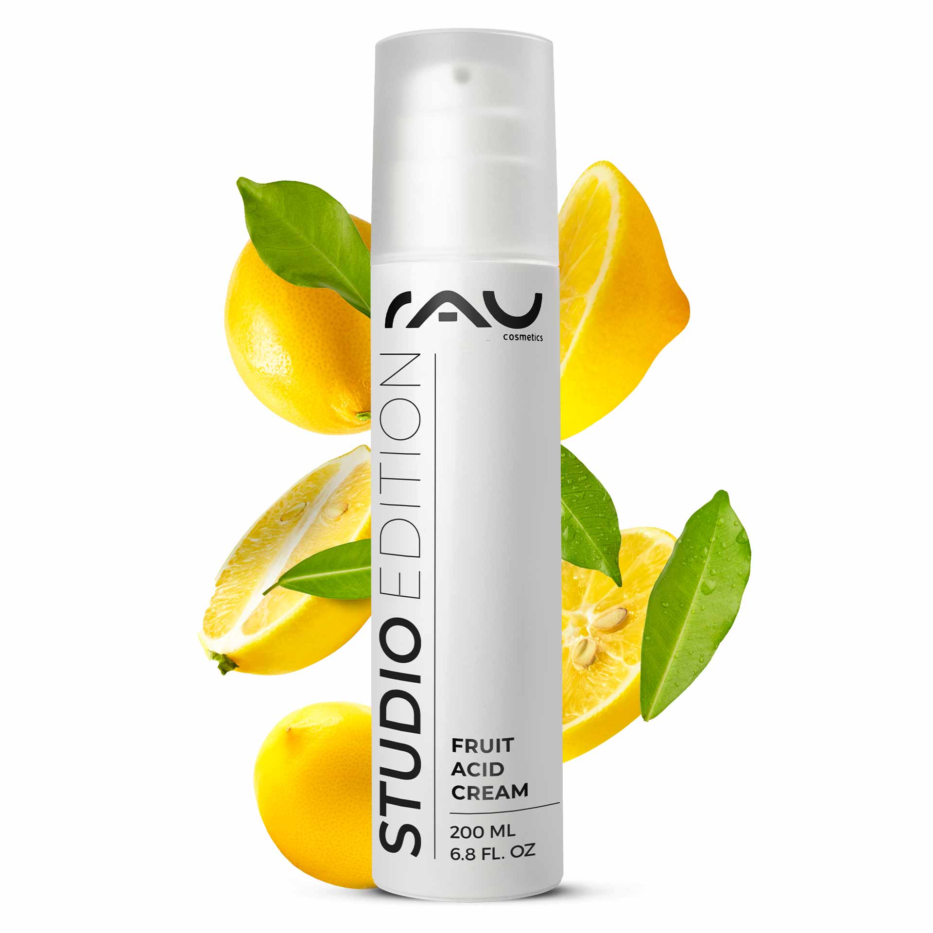 Crema agli acidi della frutta 200 ml Crema agli acidi della frutta BHA RAU Cosmetics Fruchtsäurecreme, 200-ml-Verpackung mit Zitronenscheiben und grünen Blättern, die die Peeling-Eigenschaften und die Vorteile für die Hautpflege hervorheben.