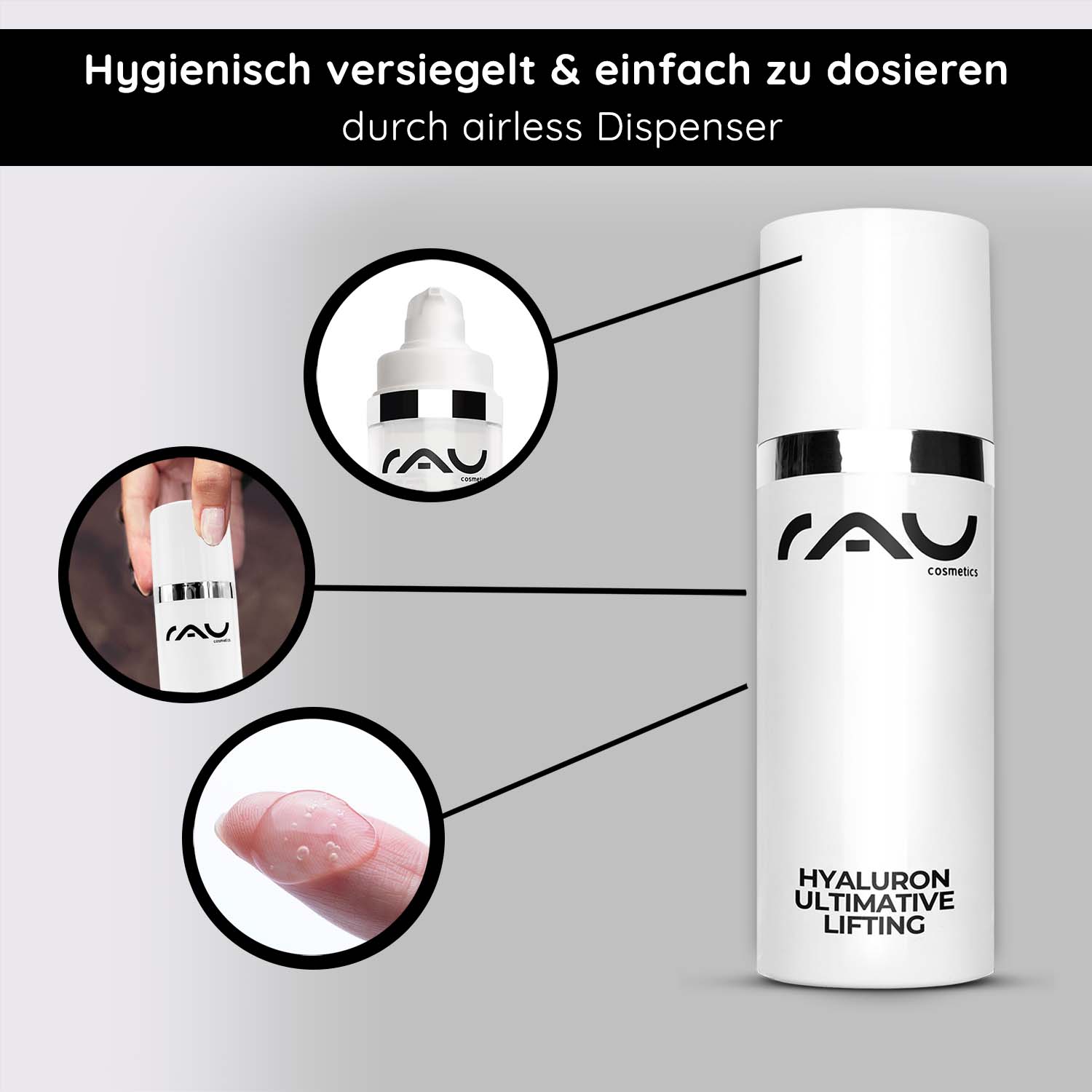 Hyaluron Ultimate Lifting 50 ml Gel liftante allo ialurone Hyaluron Ultimative Lifting Serum im Airless-Spender mit hygienischer Versiegelung, einfacher Dosierung und gelartiger Textur, entwickelt für feuchtigkeitsspendende und Anti-Aging-Vorteile bei trockener Haut.