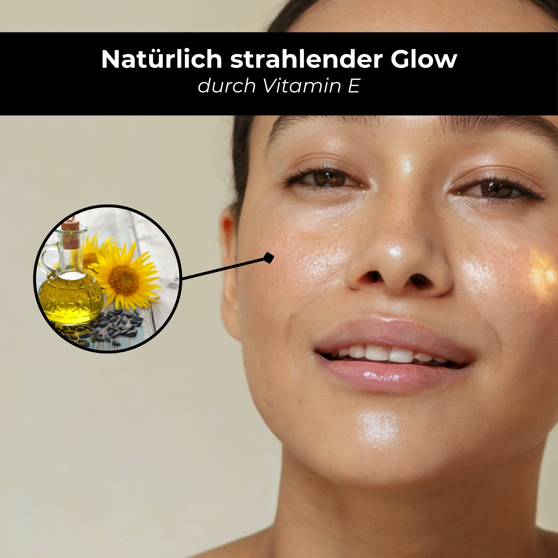 Puro olio antietà allo squalano e vitamina E 50 ml - Anti-età e idratante Frau mit strahlender Haut und leicht glänzender Oberfläche, umgeben von einem Bild eines Öls und Sonnenblumen, das die Vorteile von Vitamin E für die Hautpflege hervorhebt.