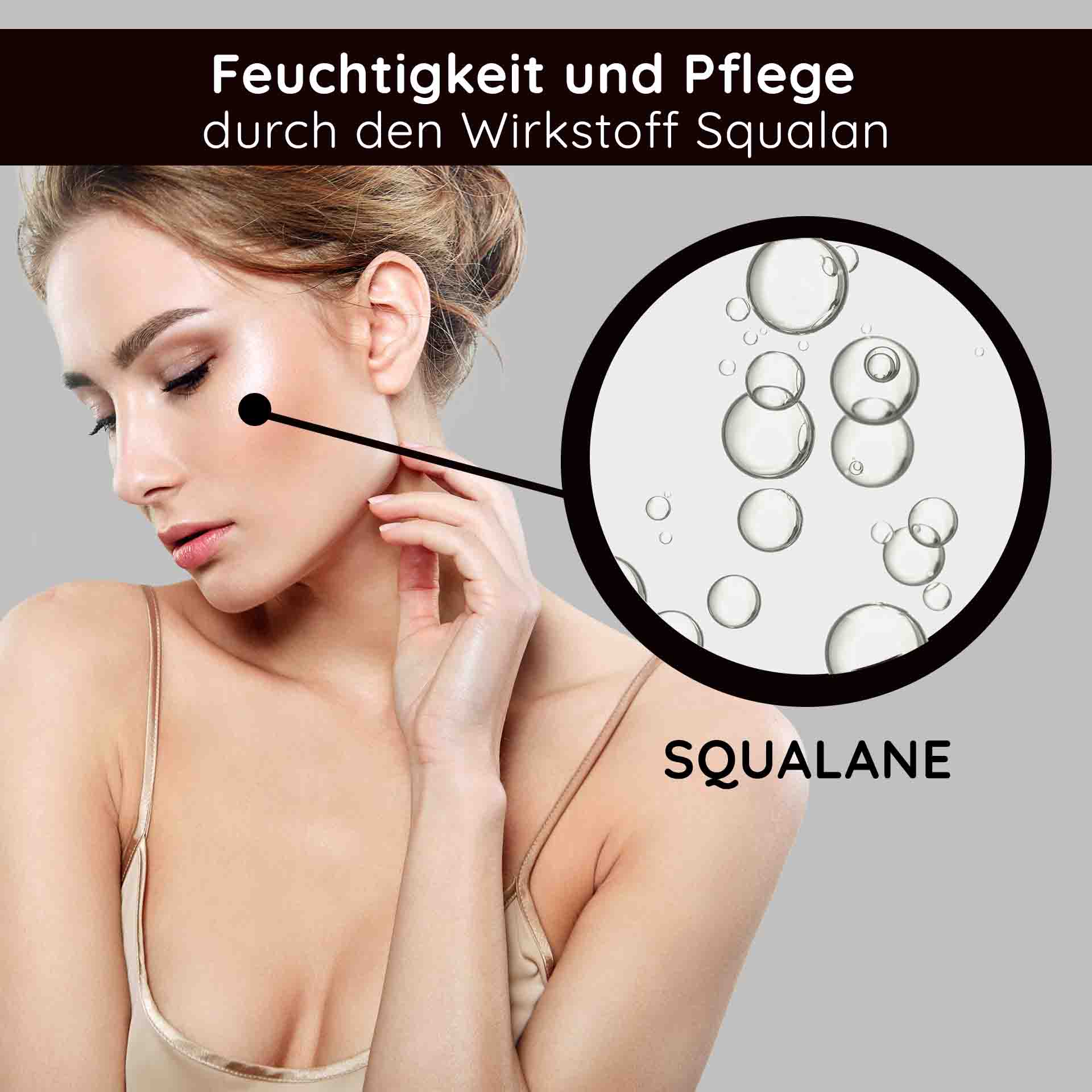Frau mit strahlender Haut, Squalan-Elemente hervorgehoben, betont Feuchtigkeit und Pflege, passend zur RAU Cosmetics Hyaluron Luxury Cream.