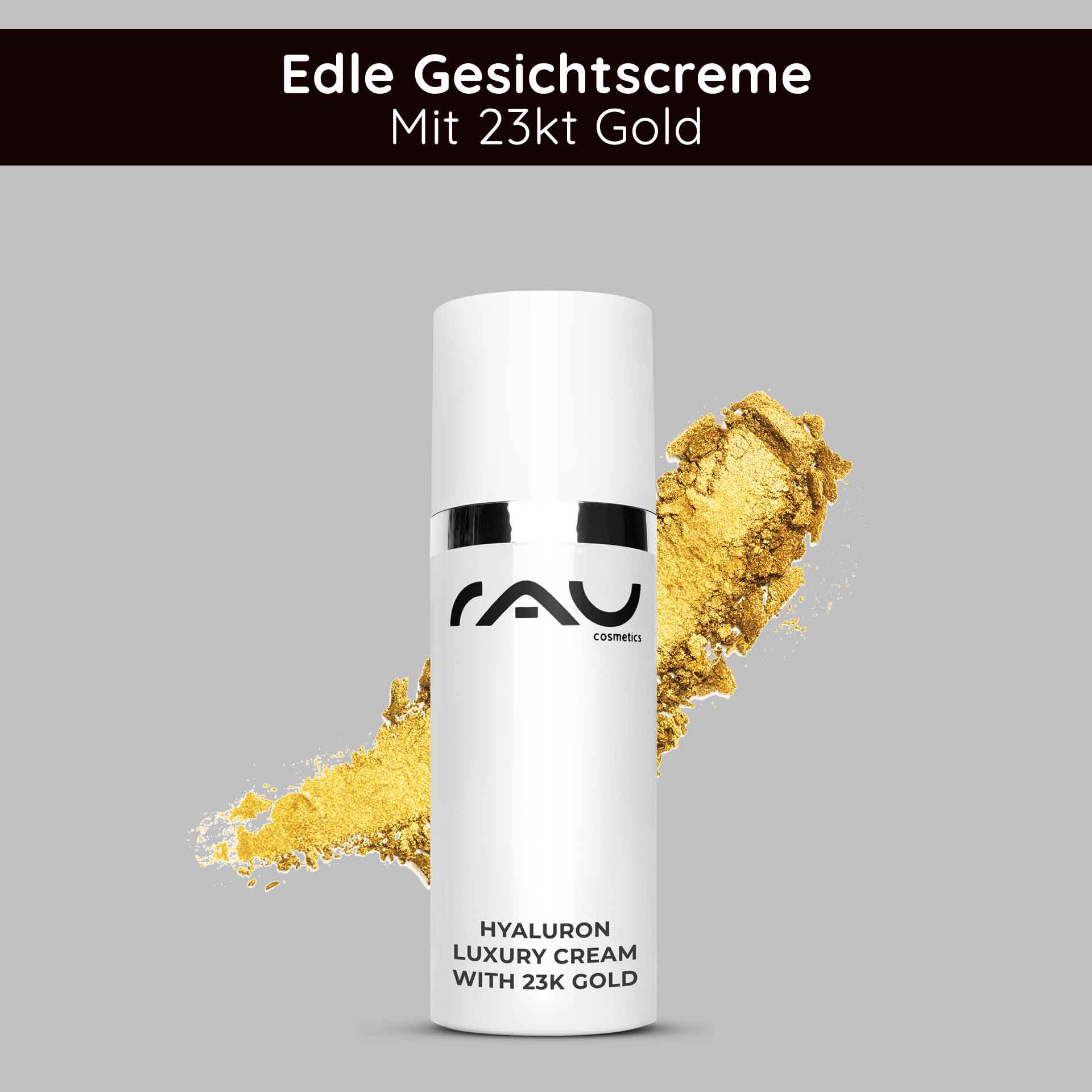 Hyaluron-Luxuscreme mit 23 Karat Gold in eleganter Verpackung mit goldenen Akzenten und Markenzeichen, die die Anti-Aging-Vorteile der Hautpflege hervorheben.