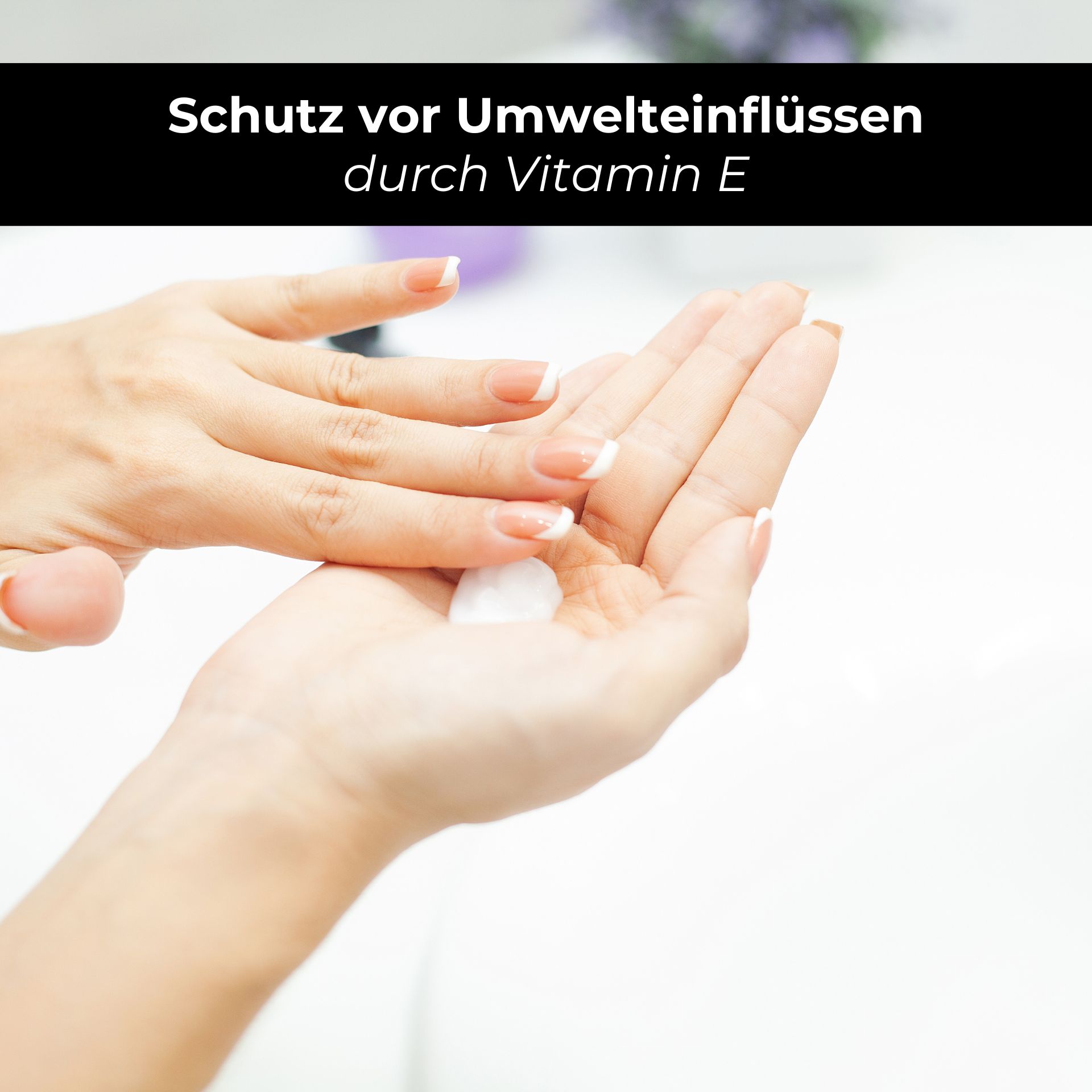 RAU Eternal Moist Body Lotion 250 ml - Idratazione intensa per una pelle soffice come una carezza Hände, die eine feuchtigkeitsspendende Lotion auftragen, mit Fokus auf den Schutz vor Umwelteinflüssen durch Vitamin E, passend zur RAU Cosmetics Bodylotion für trockene Haut.