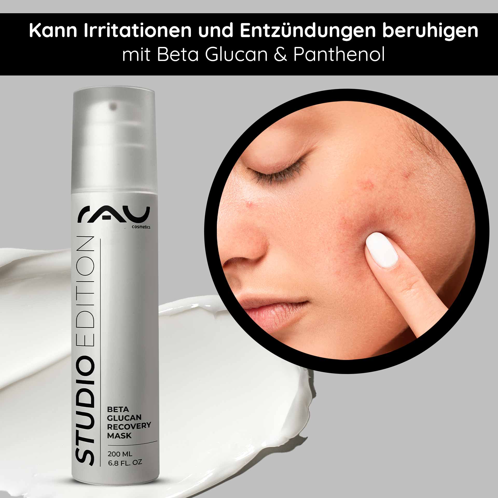 Beta Glucan Recovery Mask 200 ml Maschera per la pelle irritata RAU Beta Glucan Recovery Mask 200 ml in silberner Verpackung, die die beruhigende Wirkung auf gereizte Haut hervorhebt; Nahaufnahme des Gesichts eines Models mit Akne und Auftragen der Maske.