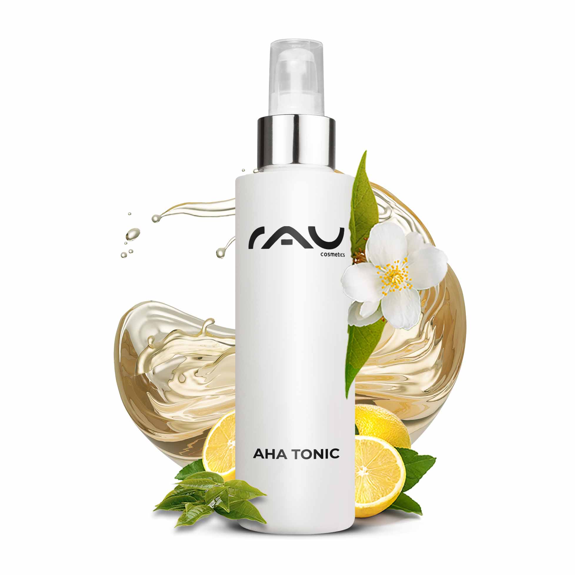 AHA Tonic 200 ml - Tonico con effetto anti-età AHA Tonic 200-ml-Flasche mit weißem Etikett und RAU-Logo, umgeben von Zitronenscheiben, grünen Blättern und floralen Elementen, die die Vorteile der Hautverjüngung und des Peelings betonen.