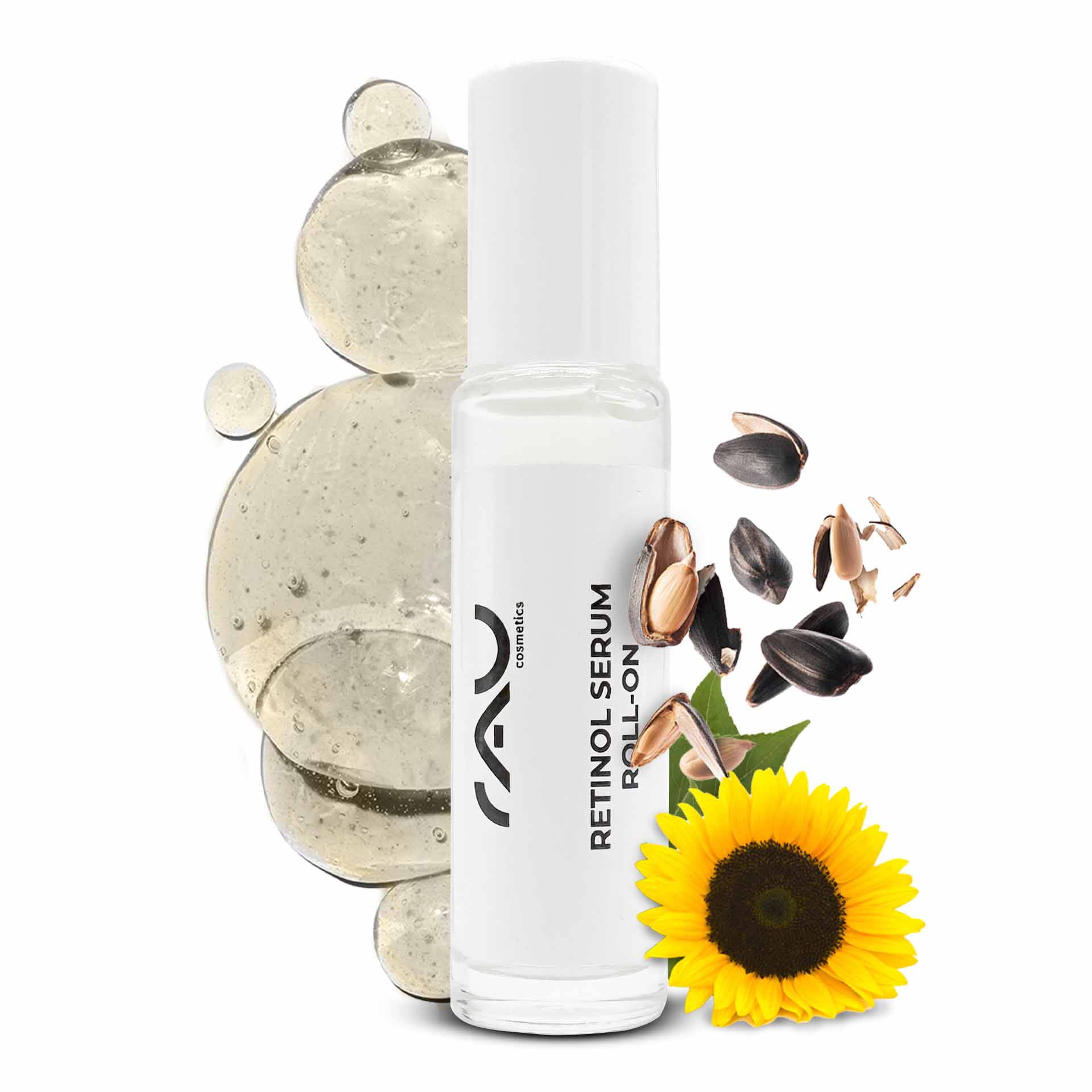 Retinol Serum Roll-On 10 ml - Siero alla vitamina A per pelli secche e mature Retinol Serum Roll-On von RAU Cosmetics mit Sonnenblumenkernen und -samen, mit gelartiger Textur, entwickelt zur Verbesserung der Hautelastizität und Feuchtigkeitsversorgung.
