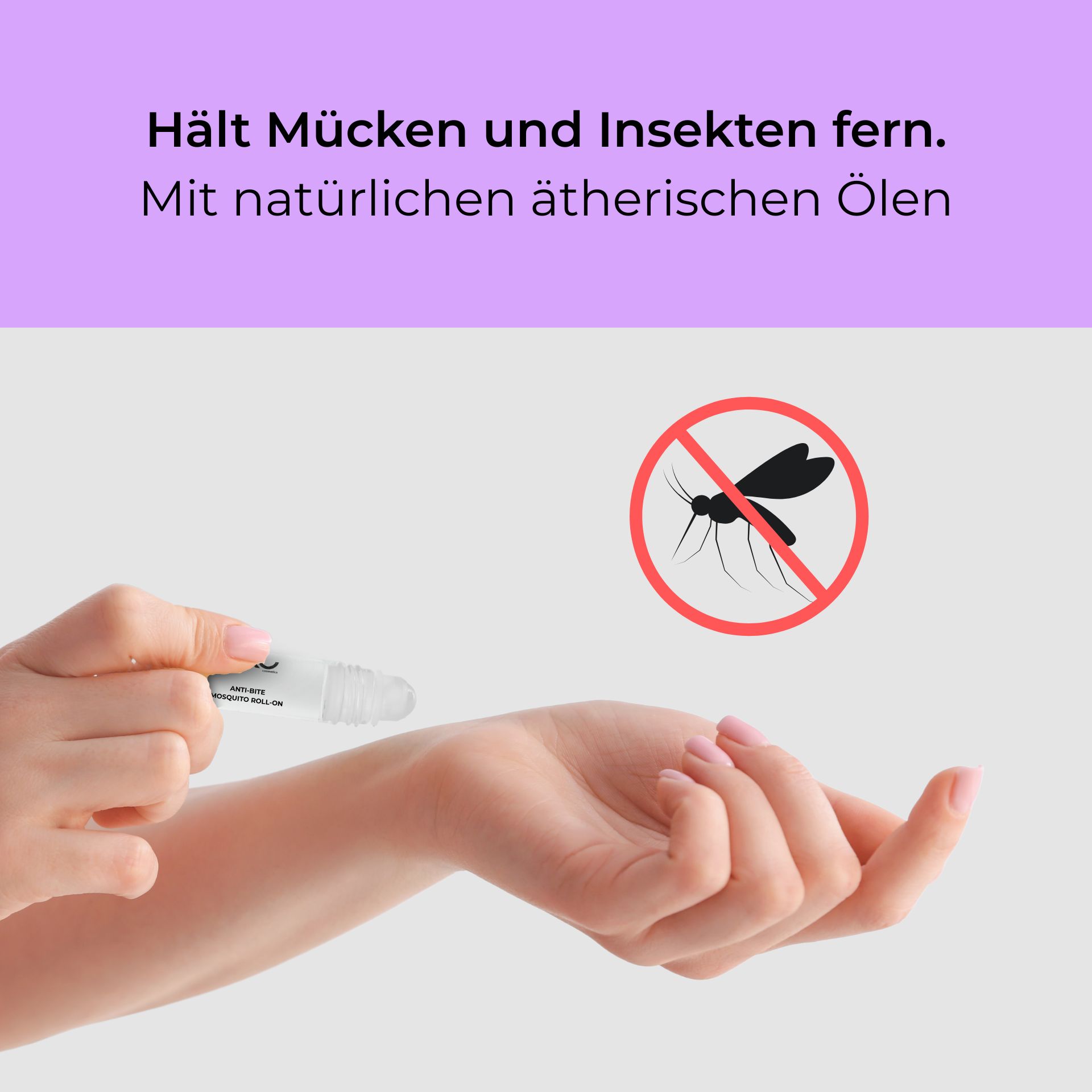 Anti Bite Mosquito Roll-On 10 ml - Naturalmente contro le punture di zanzara & Co. Anti-Bite-Mosquito-Roll-On zur Anwendung am Handgelenk mit natürlichen ätherischen Ölen zum Schutz vor Insekten, ohne Mückensymbol im Hintergrund.