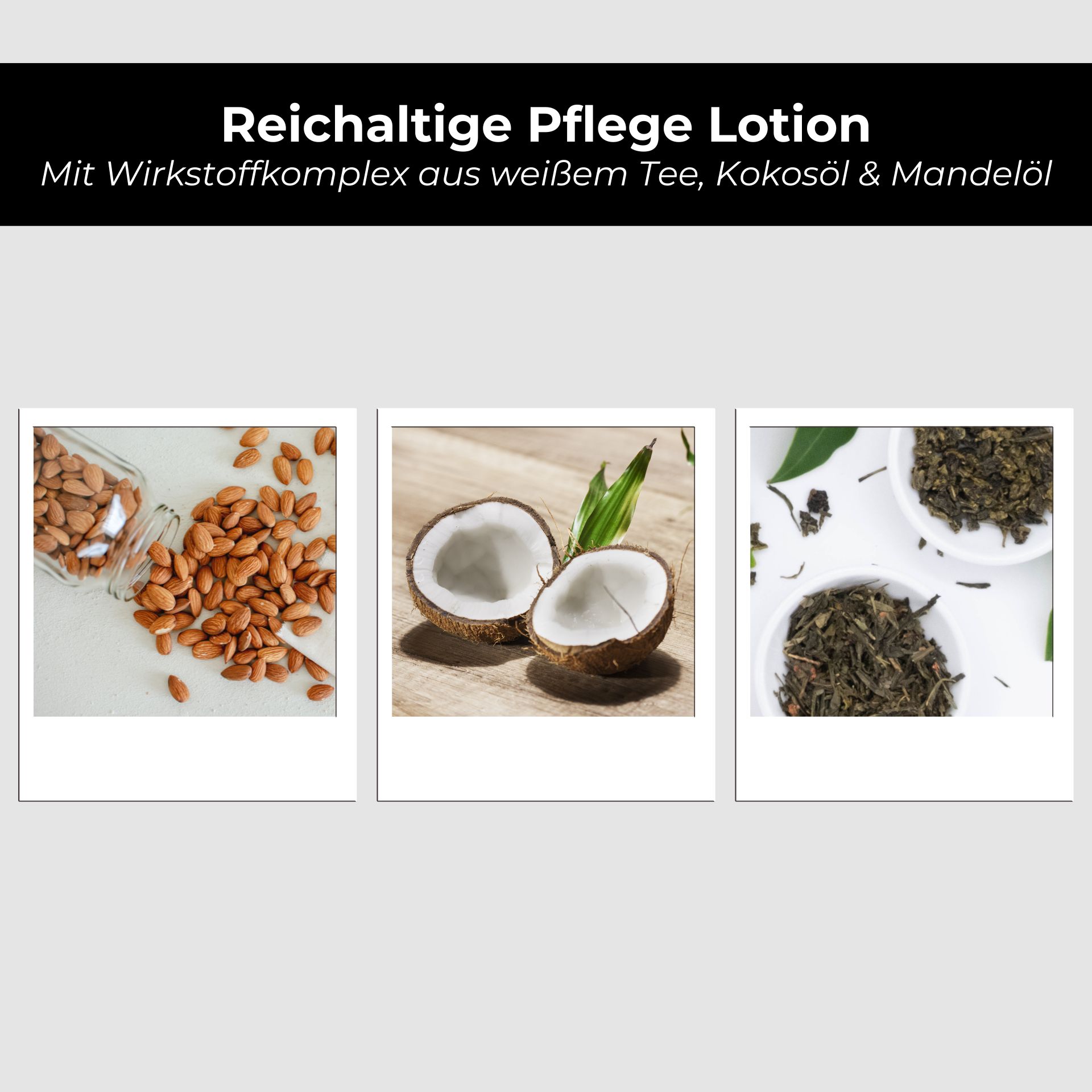White Tea Bodylotion 250 ml Reichhaltige Pflege Lotion mit weißen Tee, Kokosöl und Mandelöl, Zutaten für intensive Hautfeuchtigkeit und Pflege.