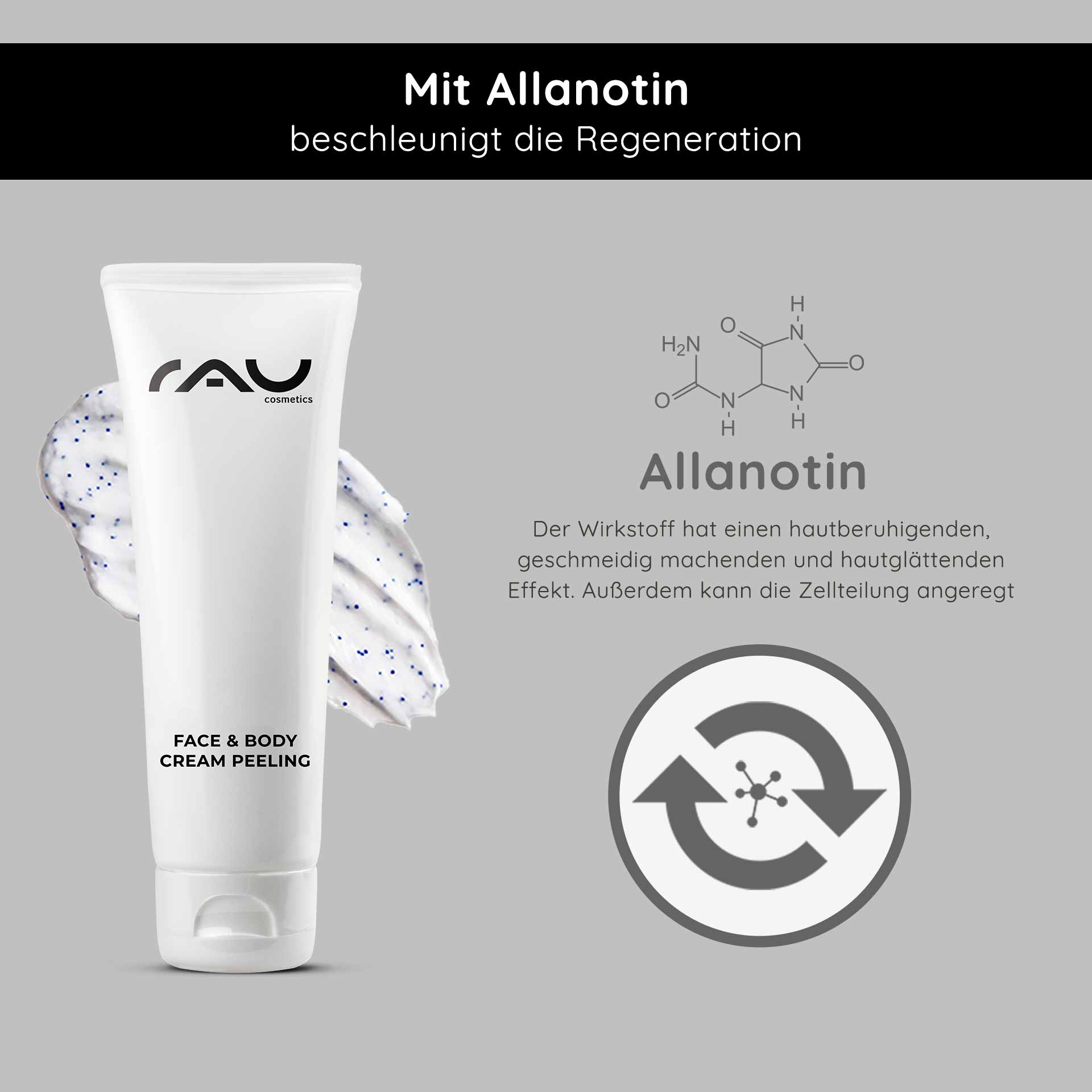 Crema peeling viso e corpo 75 ml Peeling meccanico RAU Cosmetics Face & Body Cream Peeling-Tube mit cremiger Textur und Peelingpartikeln, mit Allantoin zur Hautregeneration und beruhigenden Wirkung, vor grauem Hintergrund mit Grafik der Molekülstruktur.