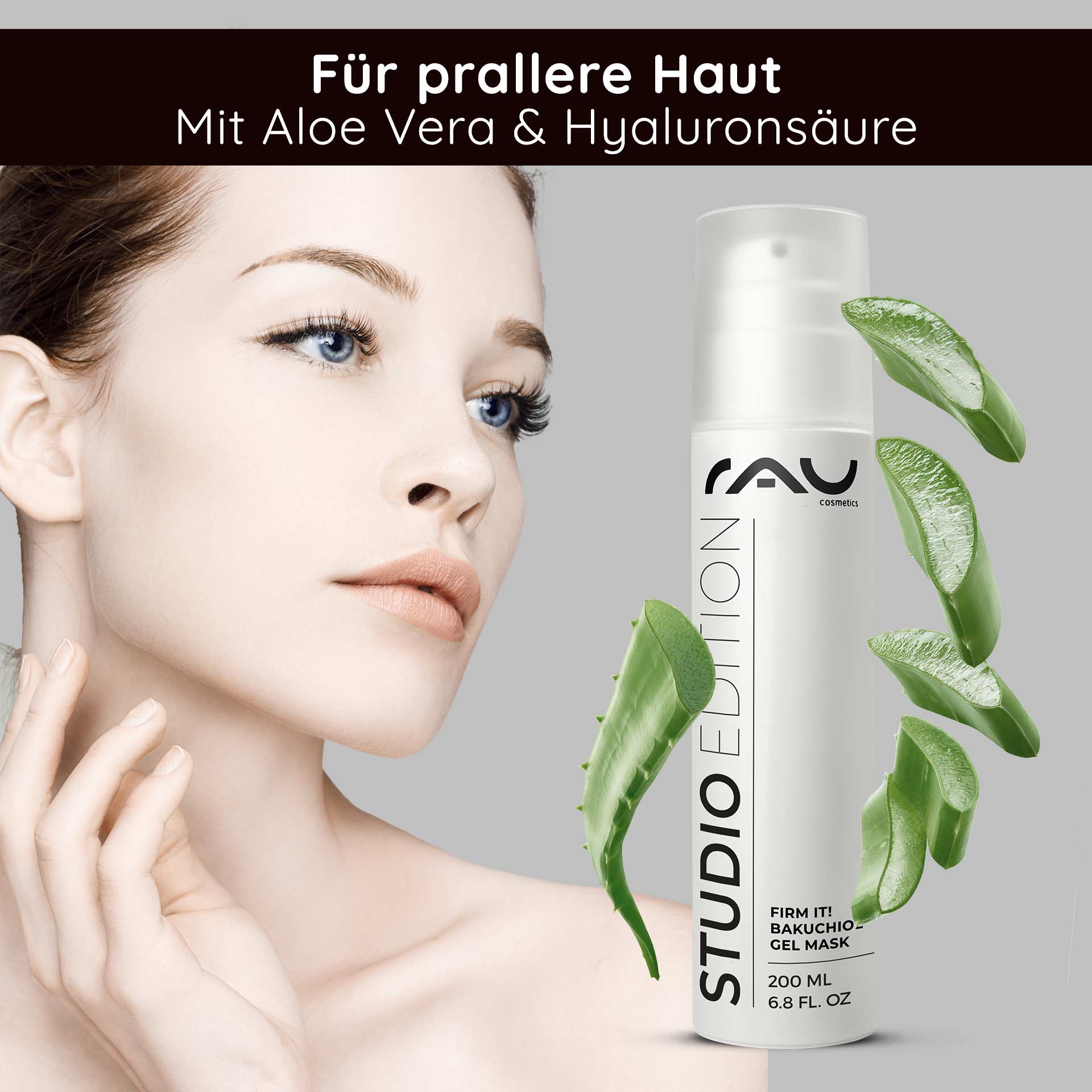 Rassodare! Bakuchiol Maschera Gel 200 ml Antietà e Idratazione Frau mit strahlender Haut und Aloe Vera, präsentiert die RAU Firm it! Bakuchiol Gel Mask, 200 ml, für feuchtigkeitsspendende und hautstraffende Pflege.