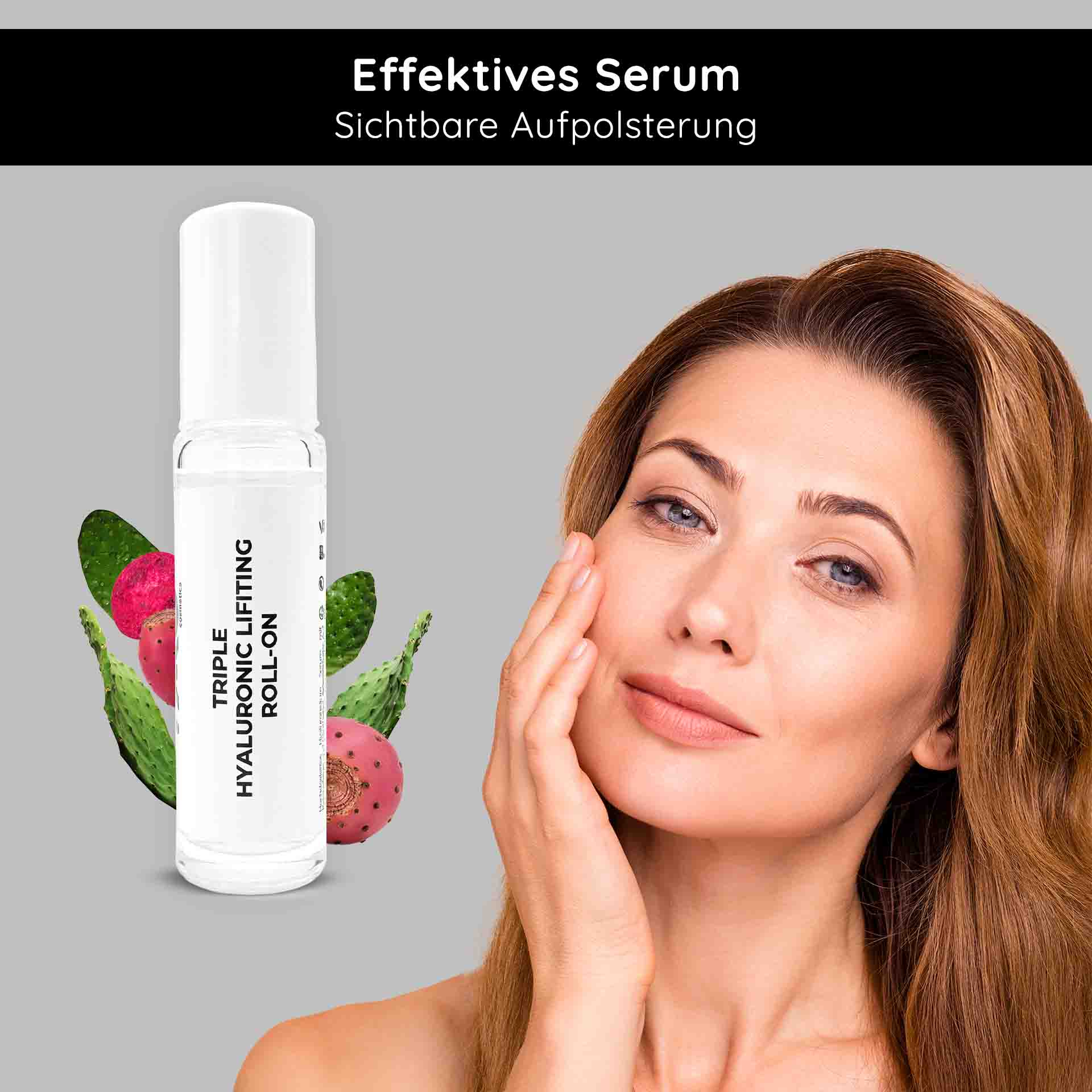 Triple Hyaluronic Serum Roll-On 10 ml con tripli acidi ialuronici Dreifach-Hyaluron-Lifting-Serum-Roll-On 10 ml mit einer Frau, die Serum auf ihr Gesicht aufträgt, umgeben von Kaktusfrüchten, wodurch die effektiven Anti-Aging- und Feuchtigkeitsvorteile hervorgehoben werden.