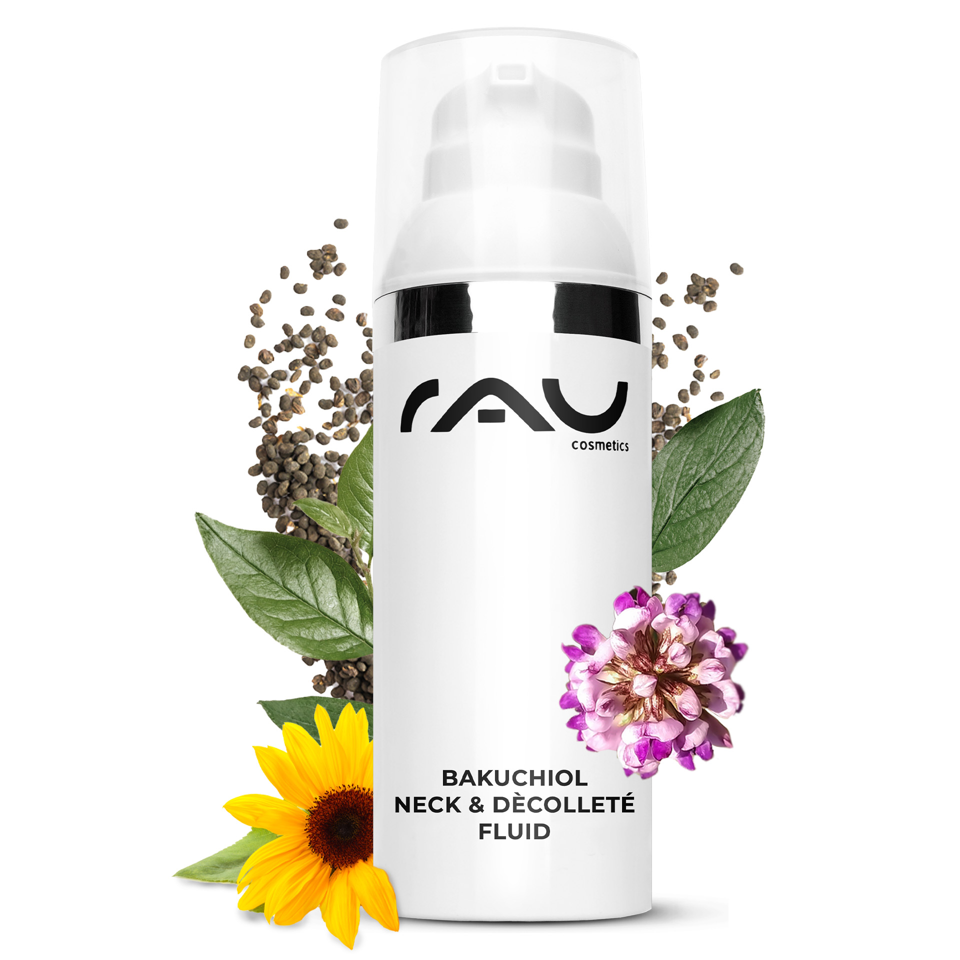 Bakuchiol Collo e Décolleté Fluido 50 ml Gel per le rughe del collo Kräuterig, Pflanze, Blume, Flasche, Shaker