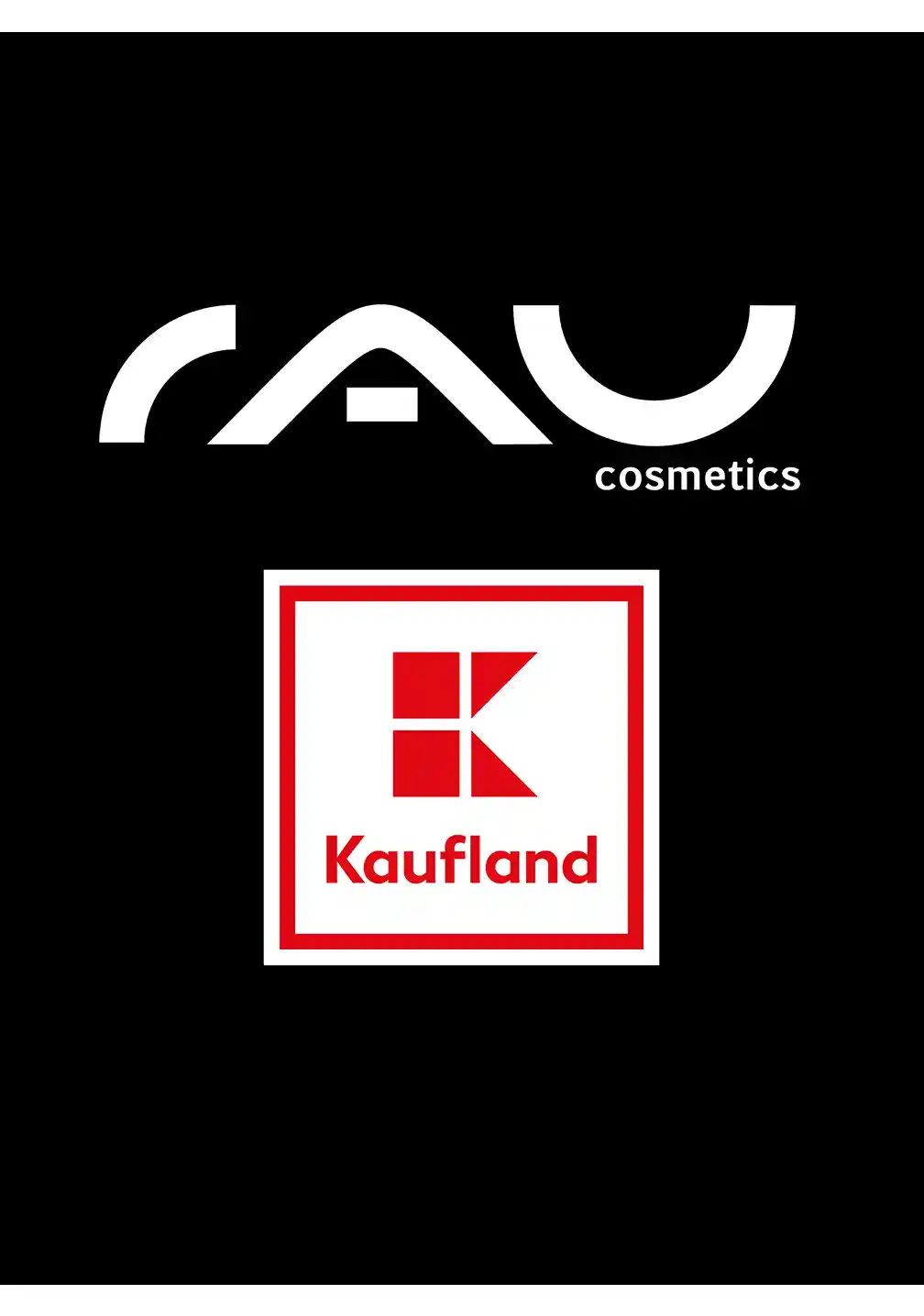 RAU_Cosmetics-Kaufland Das RAU Cosmetics-Logo neben dem Kaufland-Logo auf schwarzem Hintergrund wirbt für die Verfügbarkeit von RAU Cosmetics-Produkten in Kaufland-Filialen.