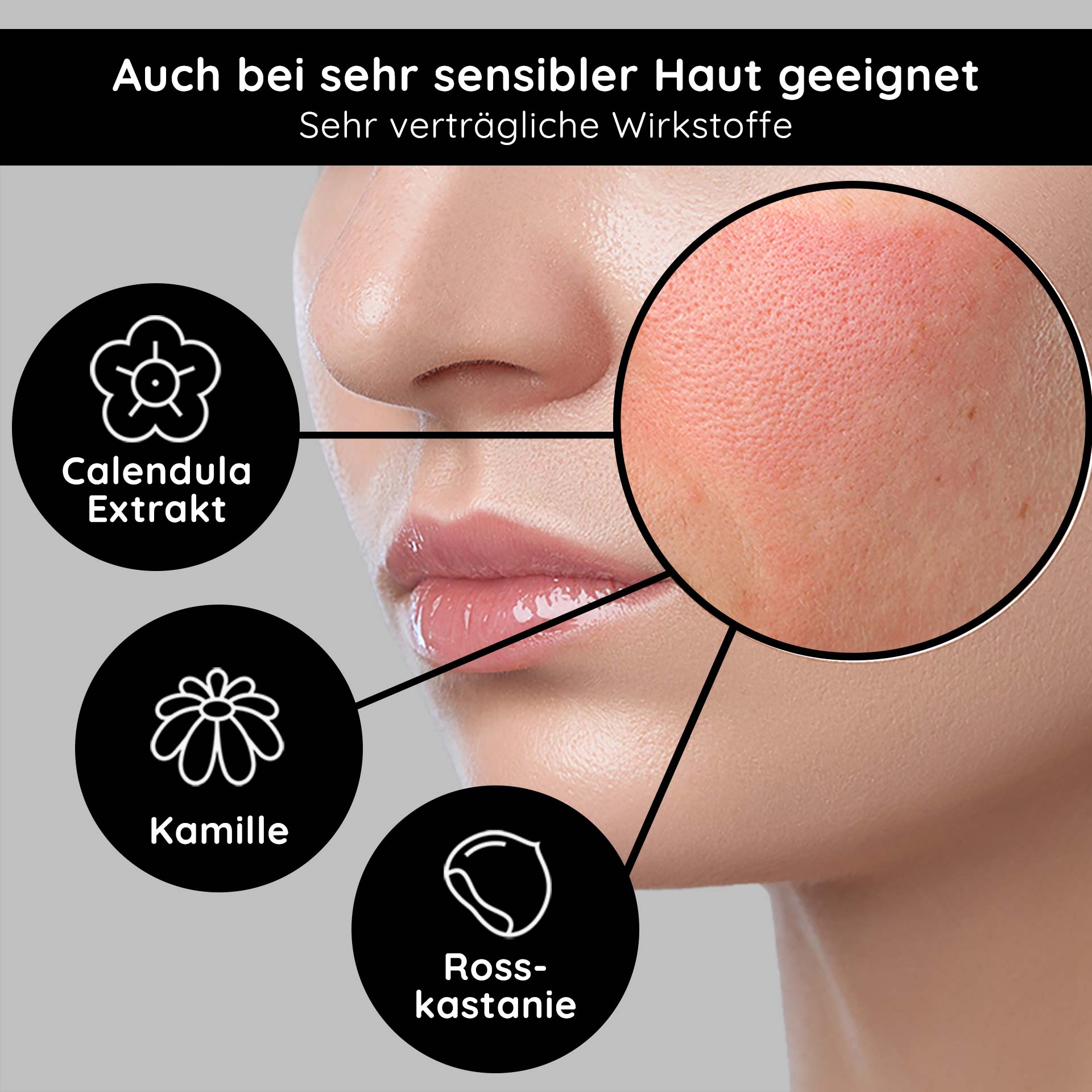 Siero antiarrossamento Couperose 50 ml per la rosacea Gesichtshaut mit sichtbaren Rötungen, hervorgehobene Inhaltsstoffe: Calendula Extrakt, Kamille, Rosskastanie, geeignet für empfindliche Haut.