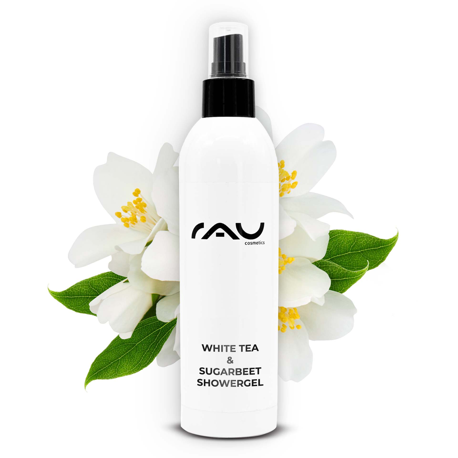 Gel doccia al tè bianco e barbabietola da zucchero 500 ml Gel doccia Duschgelflasche mit weißem Tee und Zuckerrüben und floralem Hintergrund, die eine sanfte Reinigung und Feuchtigkeitsversorgung für alle Hauttypen fördert, von RAU Cosmetics.