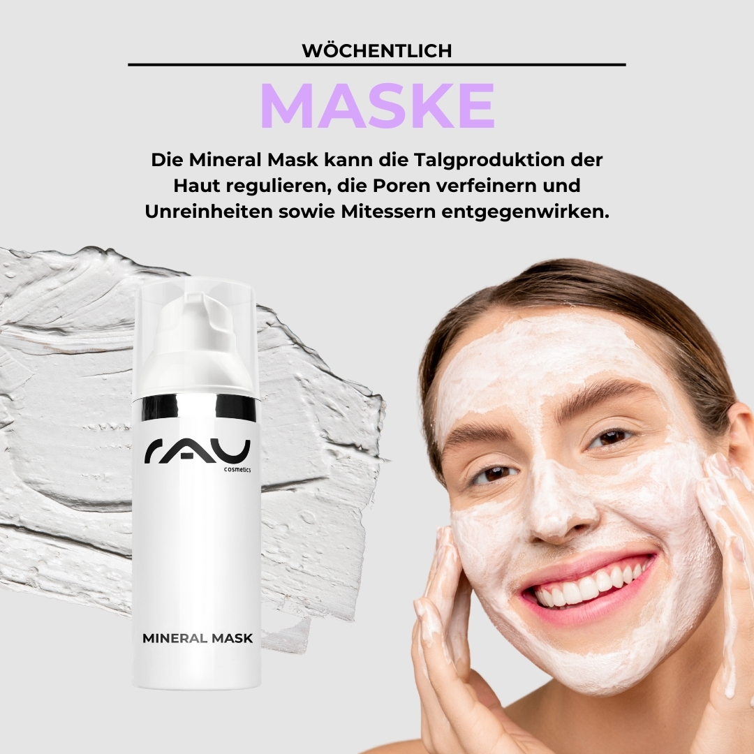 Routine professionale per la cura della pelle secca e impura Mineralmaske von RAU Cosmetics auf dem Gesicht einer lächelnden Frau aufgetragen, zeigt Hautpflege zur Regulierung der Ölproduktion und Reduzierung von Unreinheiten.