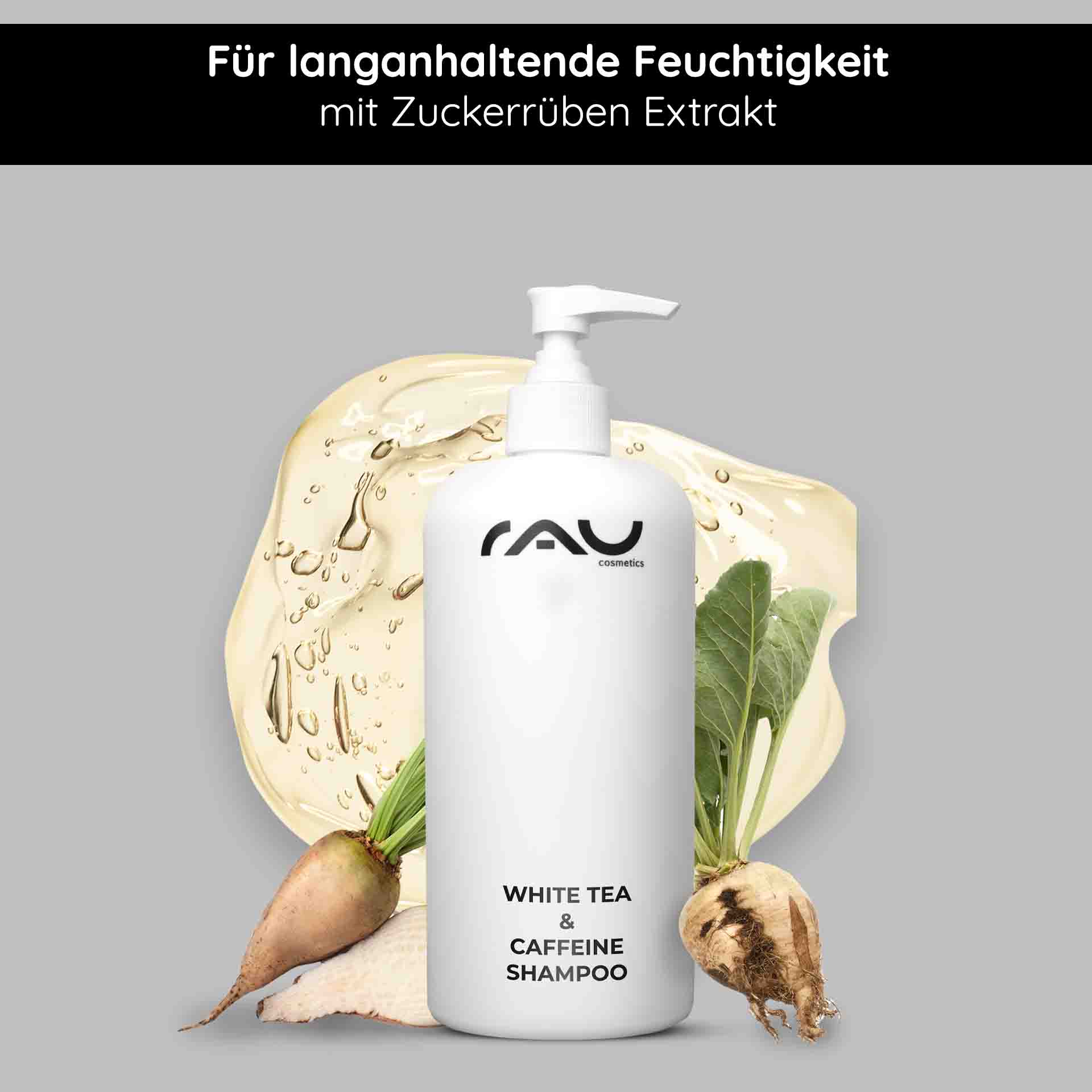Shampoo per capelli al tè bianco e caffeina 500 ml  Flasche mit White Tea & Caffeine Shampoo mit Pumpe, umgeben von Zuckerrüben- und Weißteeblättern, fördert die Feuchtigkeitsversorgung und Kopfhautpflege, ganz im Sinne des Fokus von RAU Cosmetics auf wirksame Lösungen für die Haargesundheit.