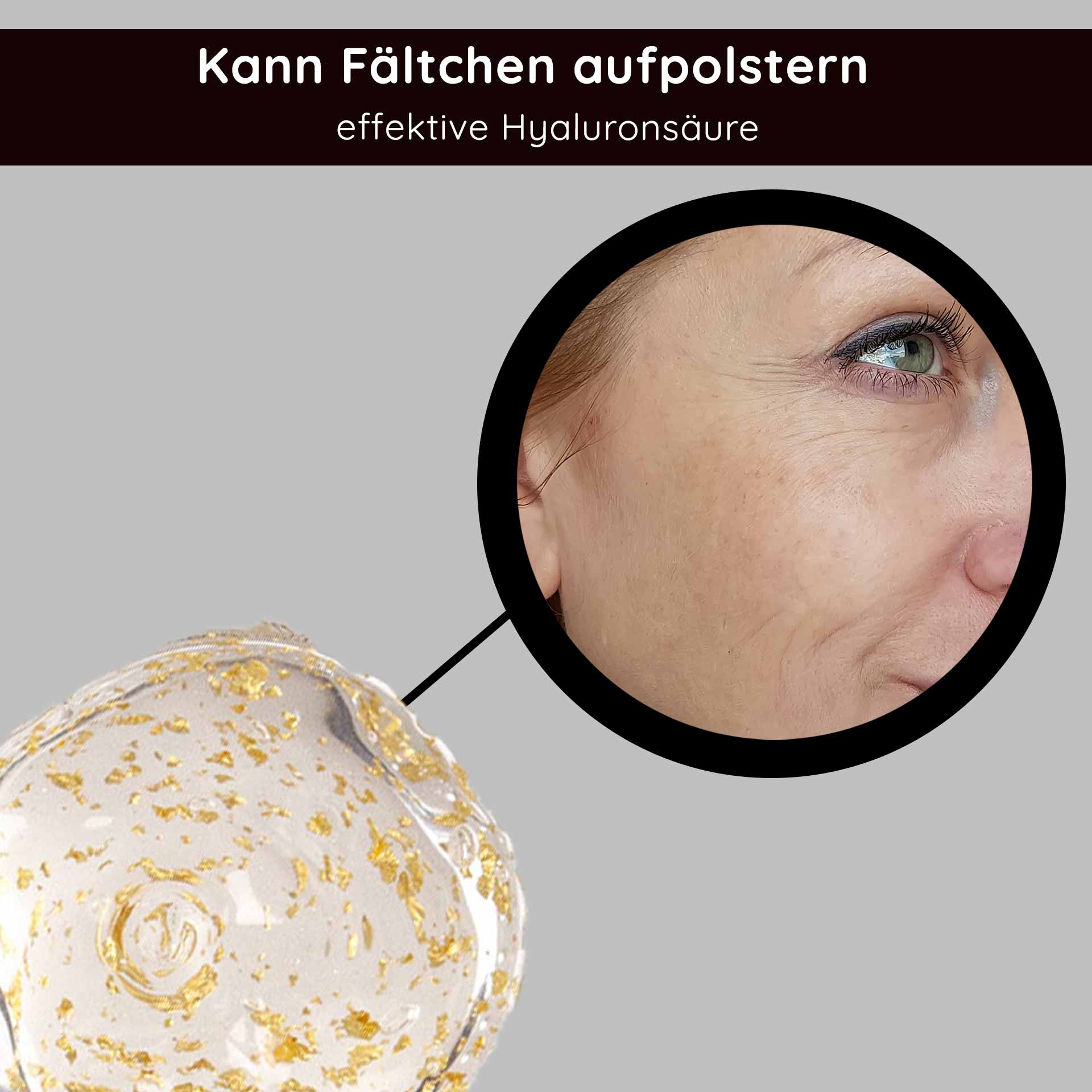 Golden Hyaluron Gel 50 ml Gel anti-età con oro 23kt Goldenes Hyalurongel mit 23 Karat Gold, das seine Anti-Aging-Eigenschaften und seine Wirksamkeit beim Aufpolstern feiner Linien hervorhebt, neben einer Nahaufnahme der Verbesserung der Hautstruktur.