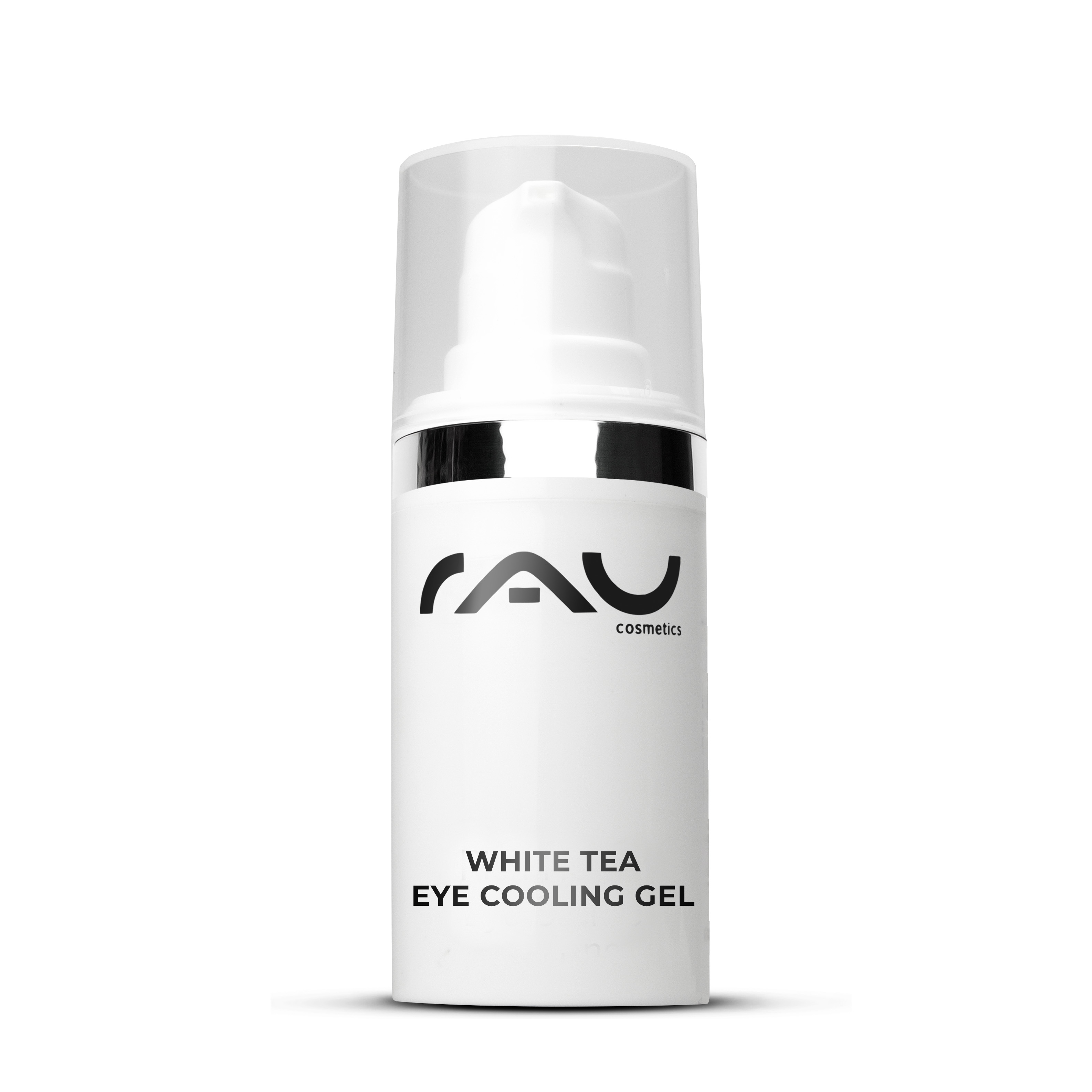 Gel rinfrescante per gli occhi al tè bianco 15 ml Trattamento antietà per gli occhi RAU Cosmetics White Tea Eye Cooling Gel 15 ml, Anti-Aging-Augencreme zur Reduzierung von Augenringen und Schwellungen, in einer eleganten weißen Flasche mit Pumpspender.