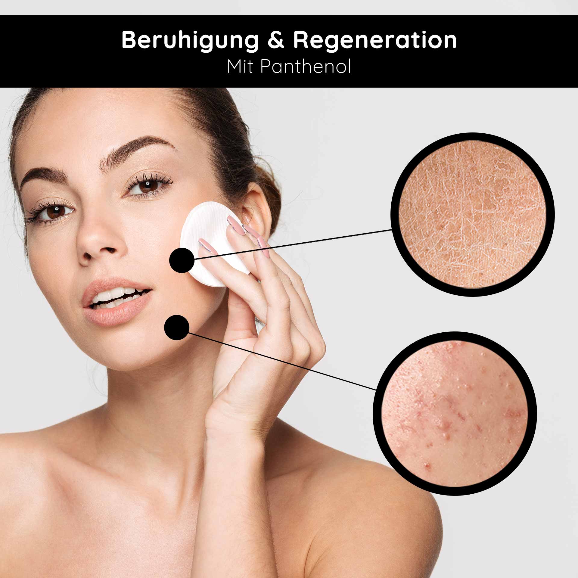 Retinol Serum Roll-On 10 ml - Siero alla vitamina A per pelli secche e mature Frau mit Wattepad auf dem Gesicht, Anwendung von Hautpflege mit Panthenol, Hautverfeinerung und Regeneration, betonte Hautunreinheiten und trockene Stellen.