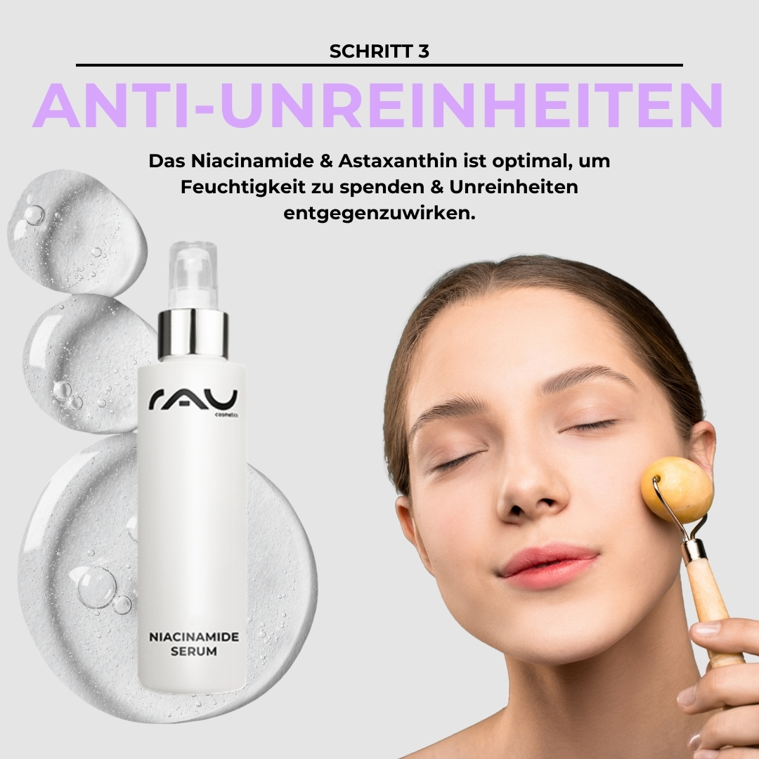 Routine professionale per la cura della pelle secca e impura Frau mit geschlossenen Augen, die Niacinamid-Serum von RAU Cosmetics auf ihr Gesicht aufträgt, um Feuchtigkeit zu spenden und Unreinheiten entgegenzuwirken, umgeben von Wassertröpfchen.