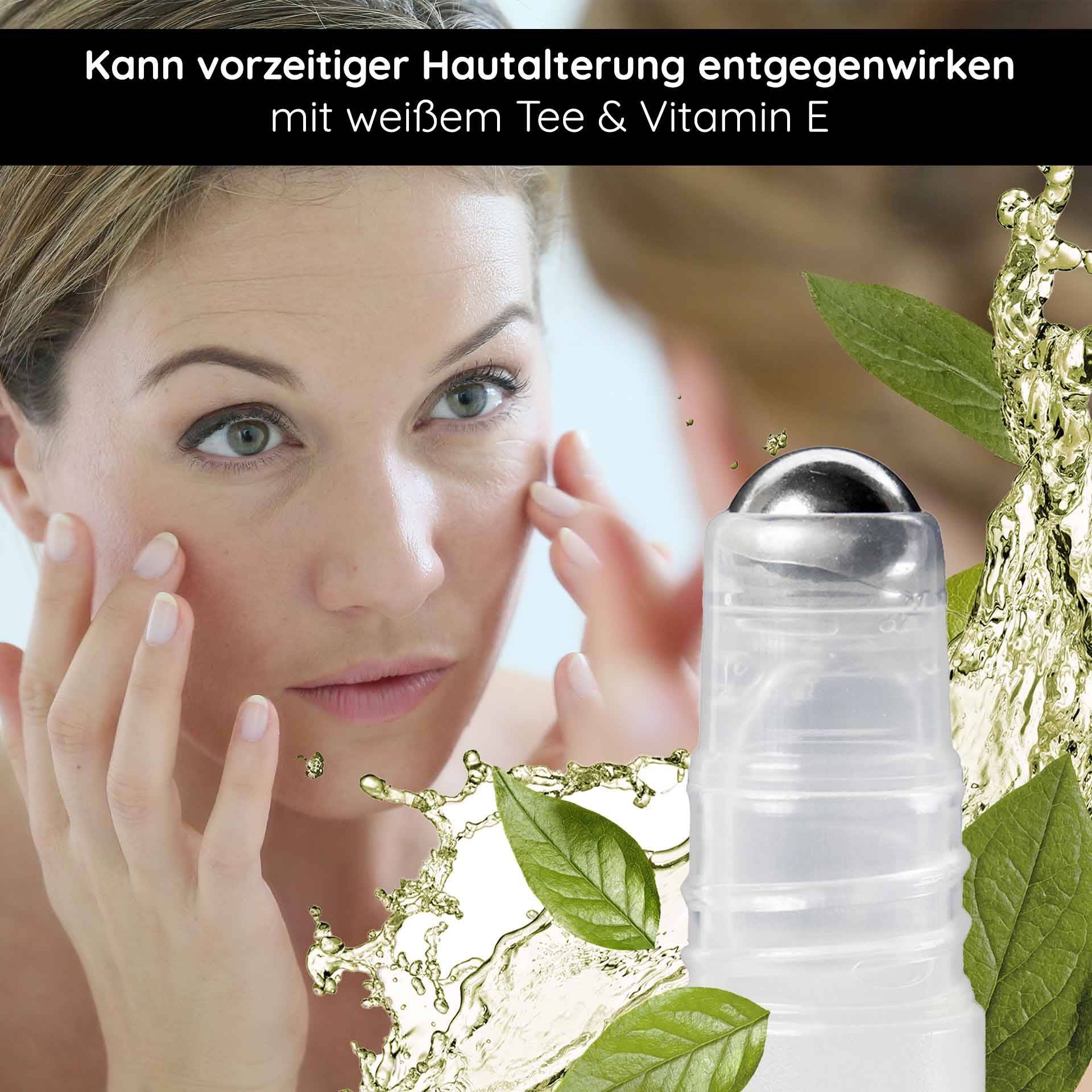 Tè bianco Express Lift Roll On Siero antietà in roll-on Frau mit Roll-On-Applikator, der White Tea Express Lift Serum auf die Haut aufträgt, um vorzeitiger Hautalterung entgegenzuwirken, umgeben von grünen Blättern und Flüssigkeitselementen.