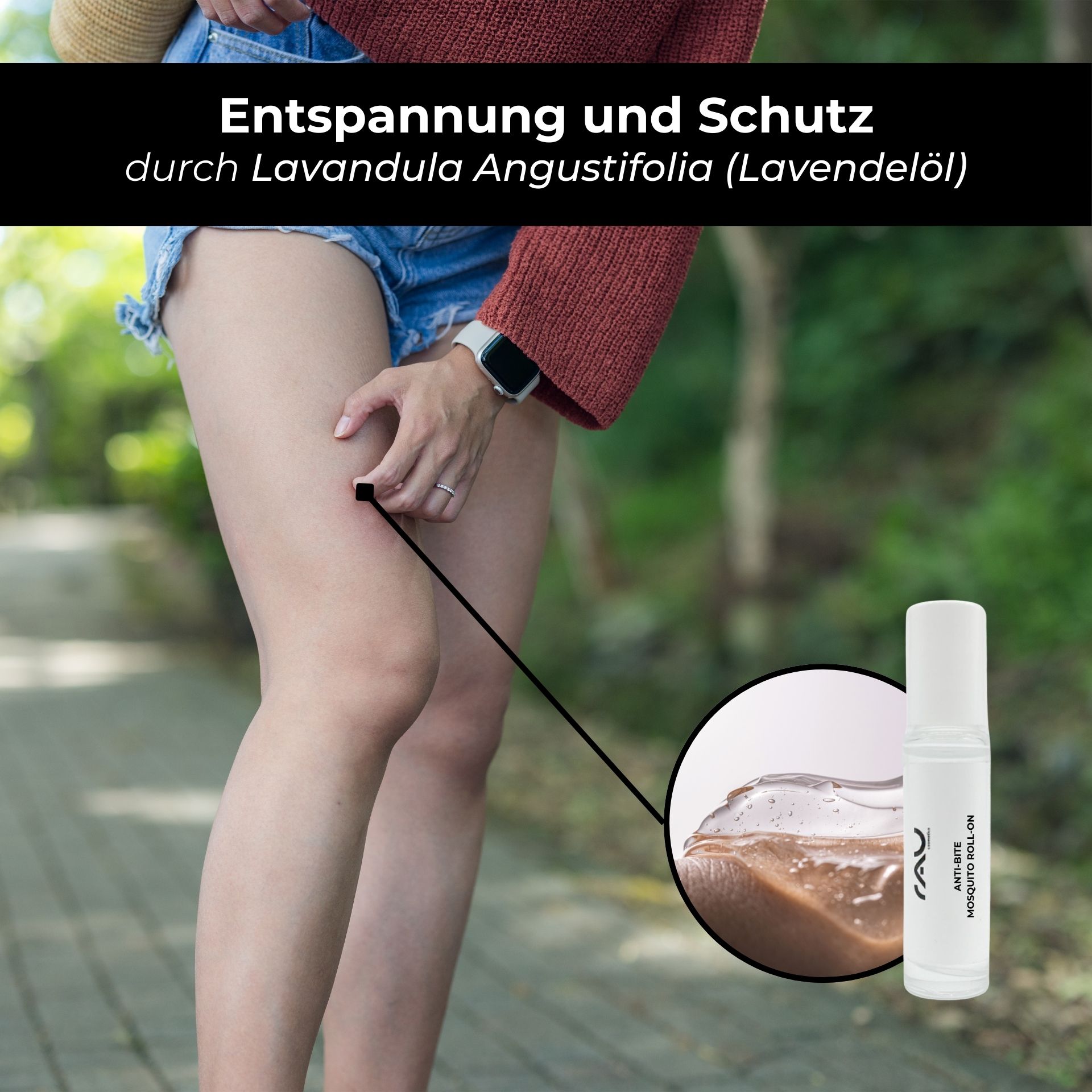Set antizanzare RAU - Roll-On anti-puntura e anti-puntura Person, Körperteil, Oberschenkel, Knie