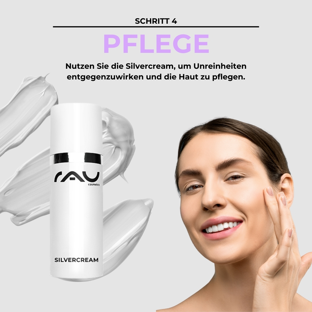 Routine professionale per la cura della pelle secca e impura Pflegeprodukt für unreine Haut, RAU Silvercream mit Anwendungshinweis, lächelnde Frau, die die Creme aufträgt.