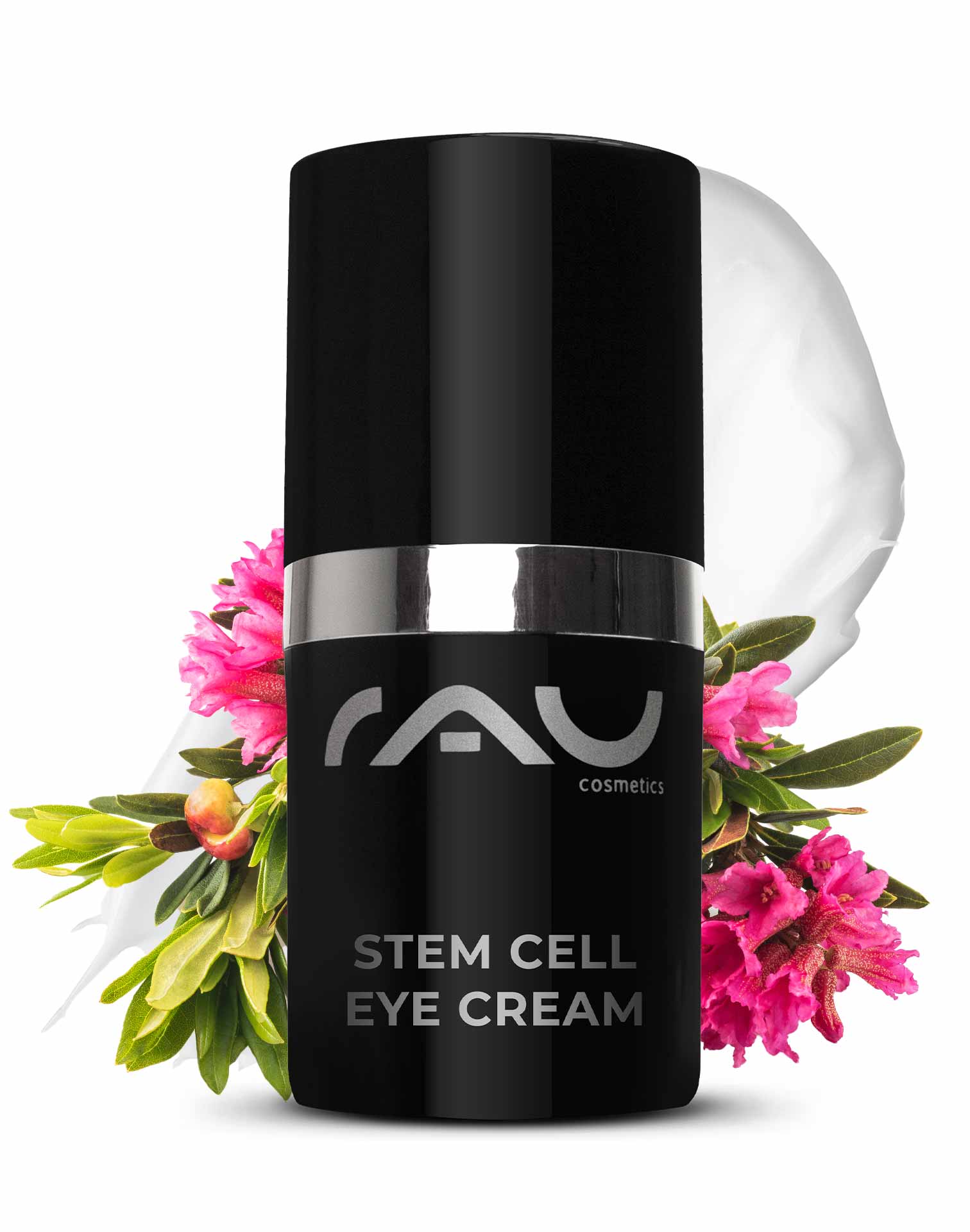 Crema occhi alle cellule staminali 15 ml Crema occhi anti-invecchiamento RAU Stem Cell Eye Cream in eleganter schwarzer Verpackung mit silbernen Akzenten, umgeben von rosa Blumen, die die Anti-Aging-Vorteile für die empfindliche Haut um die Augen betonen.