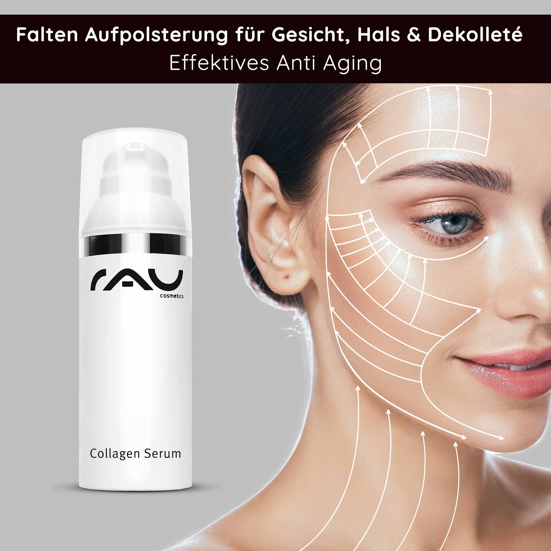 Siero al collagene 50 ml Trattamento anti-età con Trylagen Collagen Serum von RAU Cosmetics mit Faltenaufpolsterung für Gesicht, Hals und Dekolleté, Anti-Aging Wirkung, Anwendungshinweise und Hautpflegegrafik.
