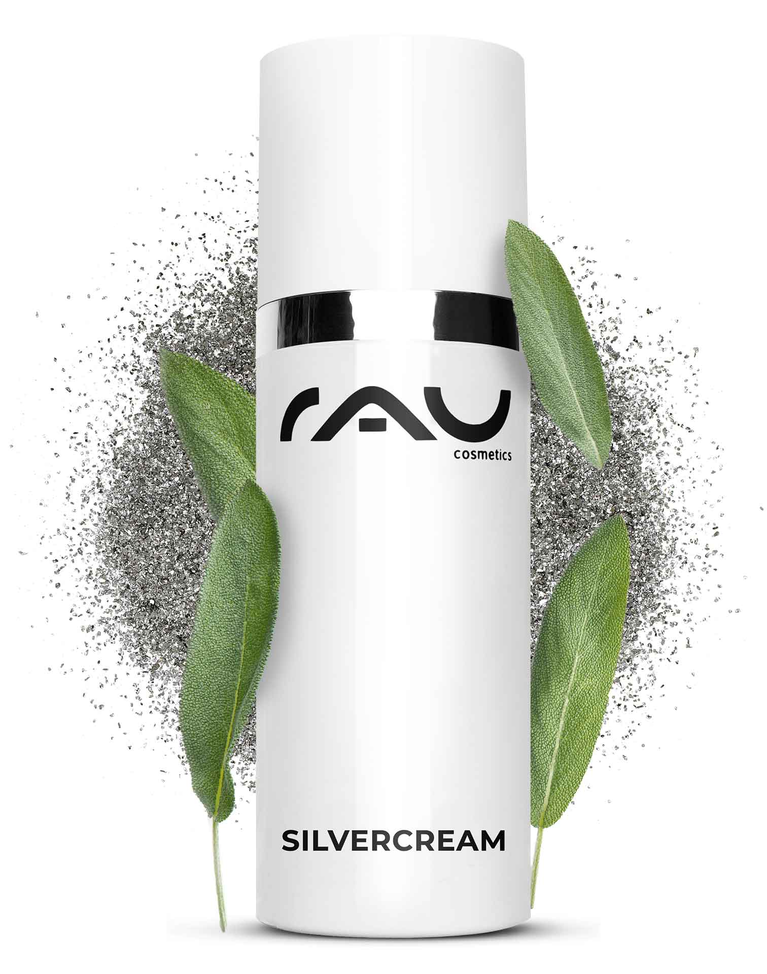 Silvercream 50 ml - Crema speciale per pelle impura e acneica RAU Silvercream-Verpackung mit Logo, Silberpartikeln und grünen Blättern, entwickelt für zu Akne neigende und empfindliche Haut, wobei die beruhigenden und entzündungshemmenden Eigenschaften hervorgehoben werden.