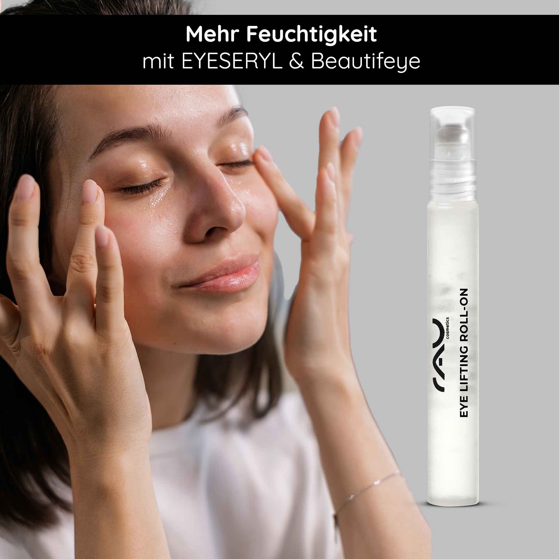 Eye Lifting Roll On 10 ml per un contorno occhi luminoso Frau mit frischem Teint, die den RAU Cosmetics Eye Lifting Roll-On anwendet, zur Bekämpfung von Augenringen und Falten, betont durch die Inhaltsstoffe EYESERYL und Beautifeye.