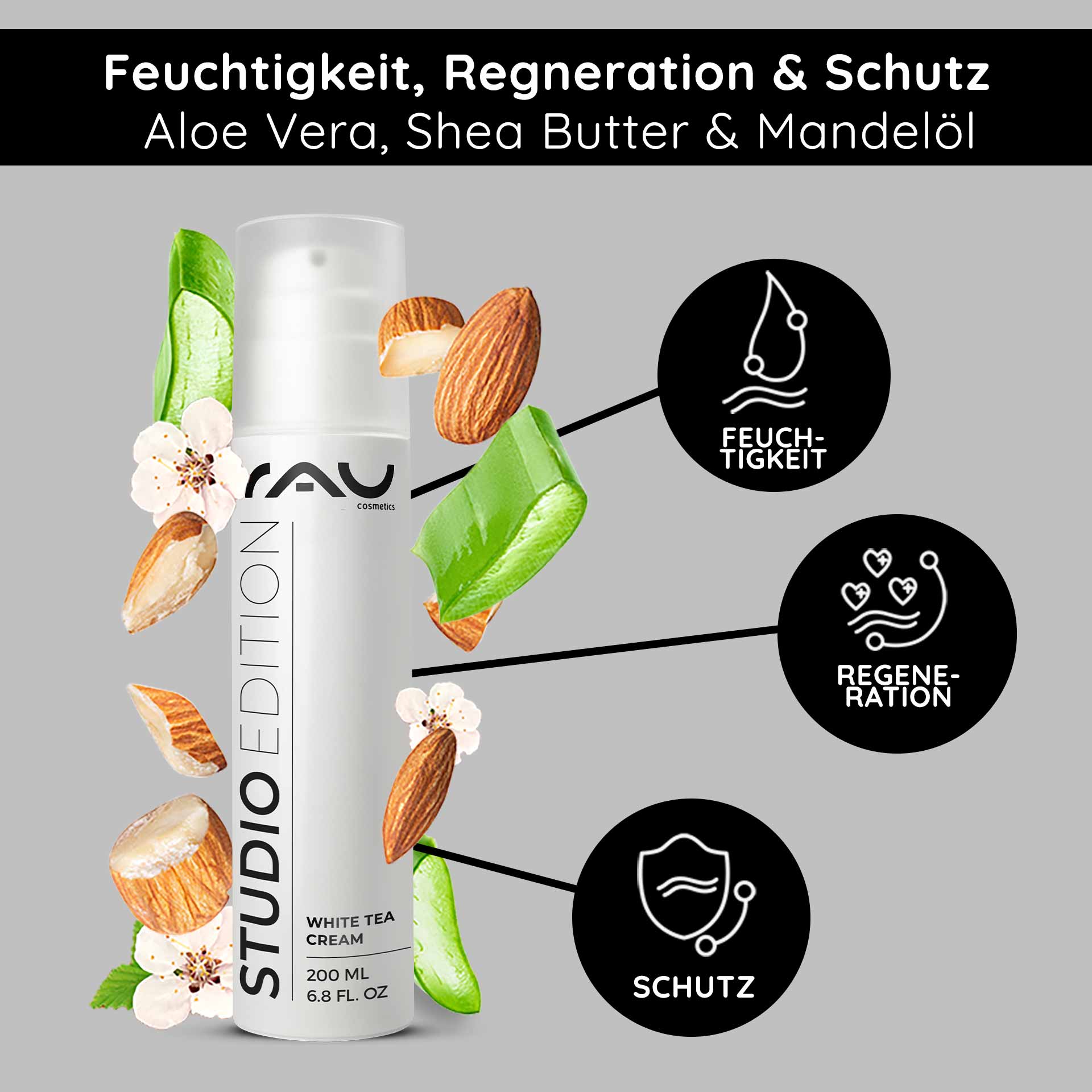 Crema al tè bianco 200 ml Crema antietà al tè bianco RAU Cosmetics White Tea Cream 200 ml, mit Aloe Vera, Sheabutter und Mandelöl, mit Schwerpunkt auf Feuchtigkeit, Regeneration und Schutz für alle Hauttypen.