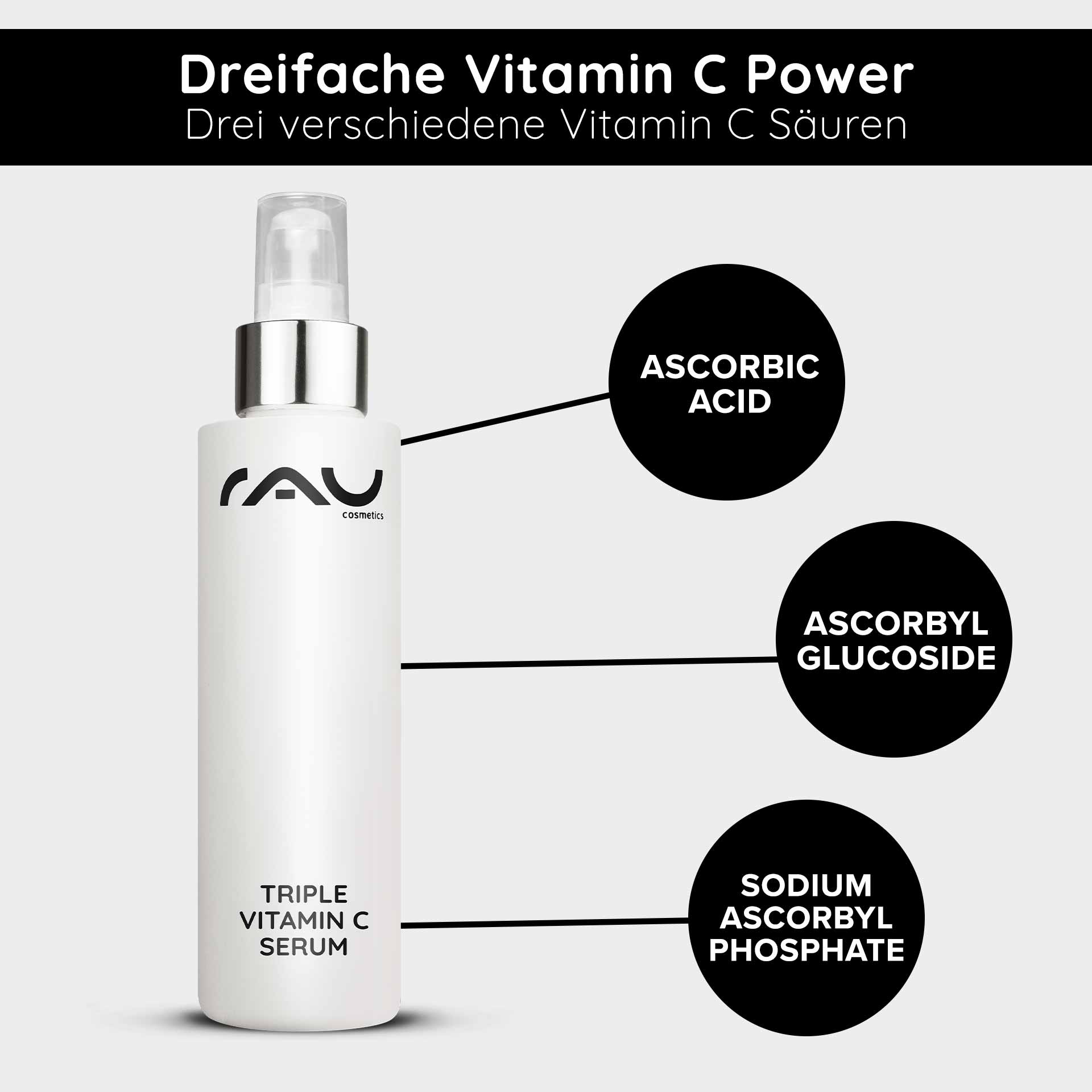 Siero triplo di vitamina C 100 ml con l'11% di acidi di vitamina C Flasche mit RAU Cosmetics Triple Vitamin C Serum, beschriftet mit drei verschiedenen Vitamin C Säuren: Ascorbinsäure, Ascorbylglucosid und Natriumascorbylphosphat.