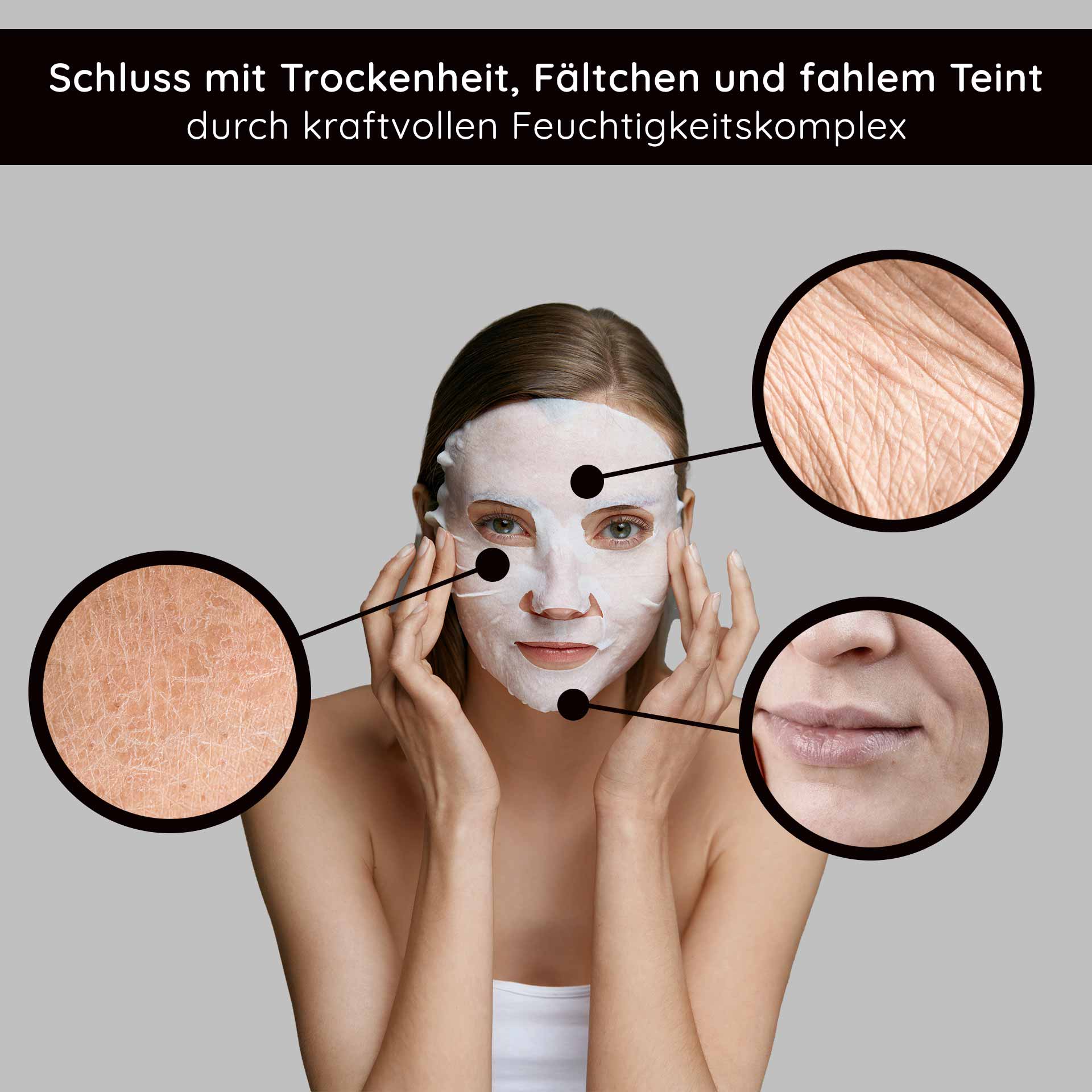 Maschera al collagene e all'acido ialuronico Maschera in pile - Confezione da 10 Frau mit Gesichtsmaske, die Trockenheit, Fältchen und fahlem Teint bekämpft, umgeben von Hauttexturen zur Veranschaulichung der Wirkung des Feuchtigkeitskomplexes.