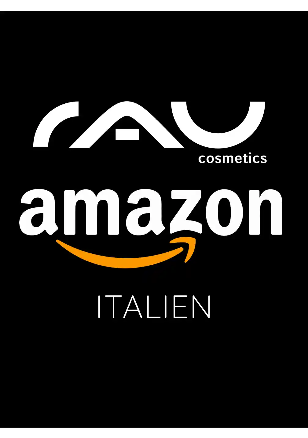 RAU_Cosmetics-Amazon-IT Das RAU Cosmetics-Logo neben dem Amazon-Branding zeigt die Produktverfügbarkeit bei Amazon Italien an.