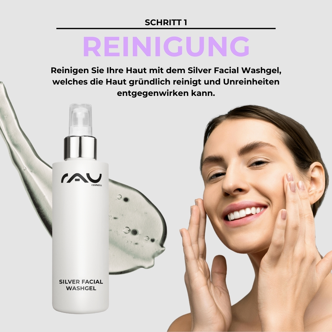 Routine professionale per la cura della pelle secca e impura Frau mit fröhlichem Gesicht reinigt ihre Haut mit RAU Cosmetics Silver Facial Washgel, um trockene und unreine Haut zu behandeln.