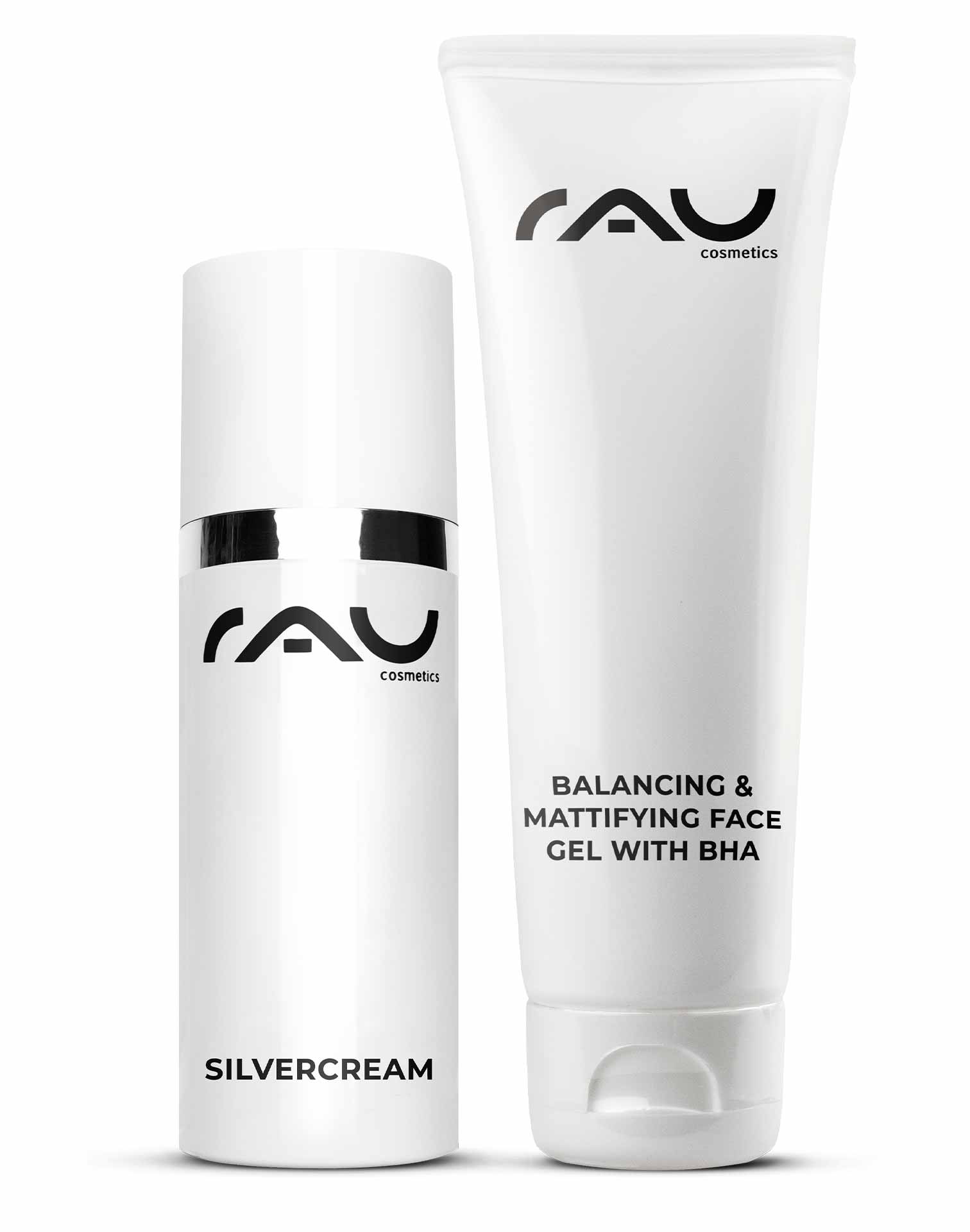 Set di potenza per pelle impura, pelle grassa, infiammazioni, brufoli, prurito Powerset für unreine und fettige Haut von RAU Cosmetics, bestehend aus Silvercream und Balancing & Mattifying Face Gel mit BHA.