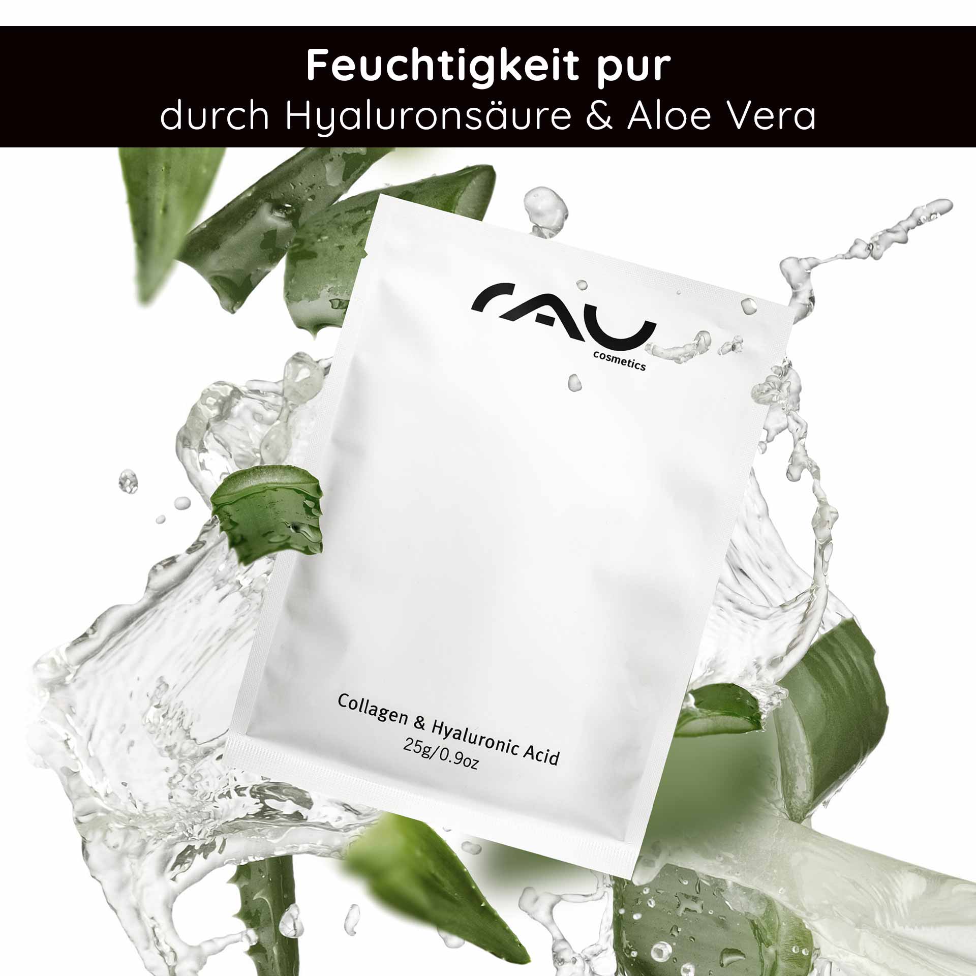 Maschera al collagene e all'acido ialuronico Maschera in pile con pantenolo Verpackung der Collagen- und Hyaluronsäure-Maske mit RAU Cosmetics-Logo, umgeben von Aloe-Vera-Blättern und Wasserspritzern, die die intensive Feuchtigkeitsversorgung und die Anti-Aging-Vorteile betonen.