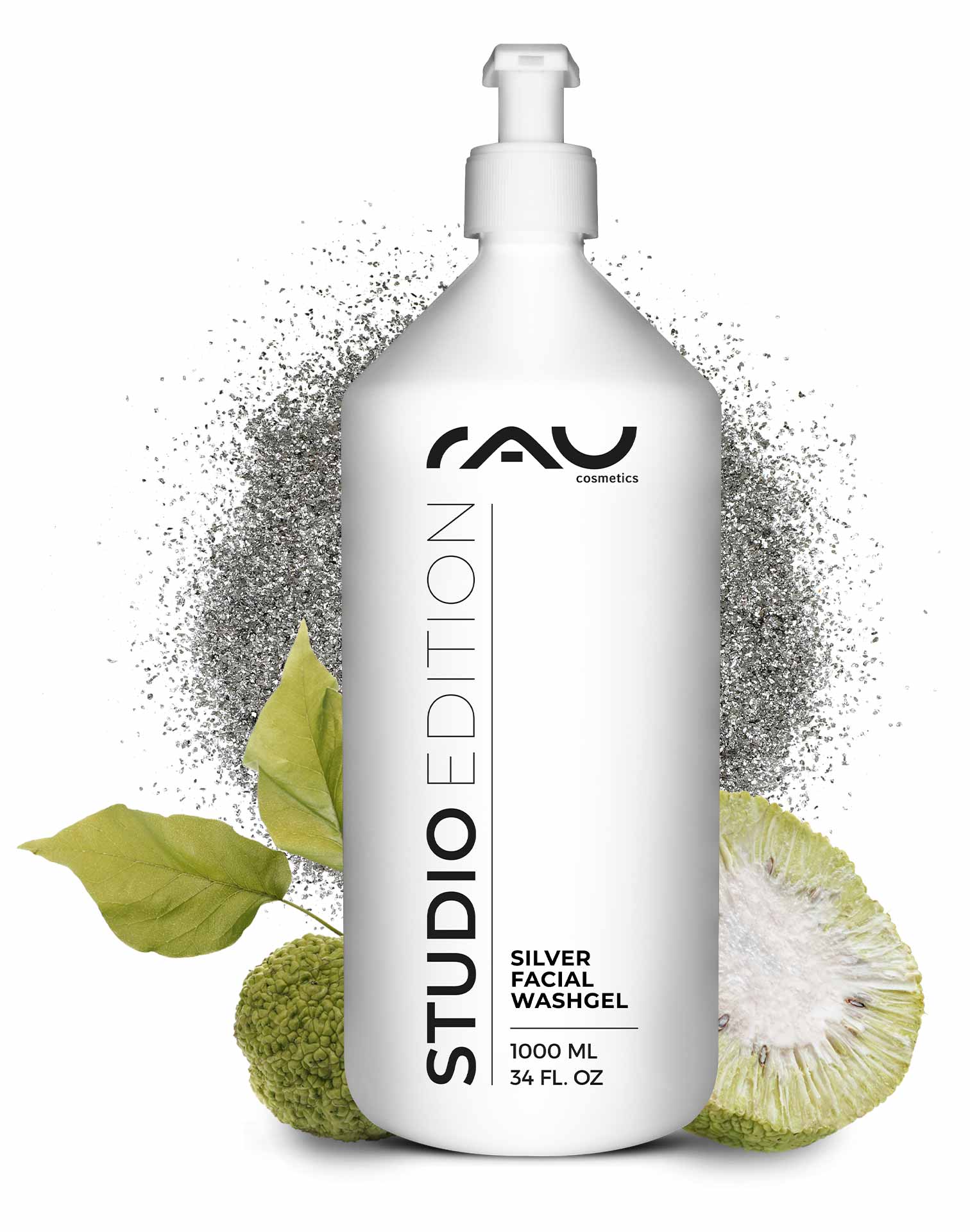 Gel lavante per il viso Silver 1000 ml Gel lavante Microsilver Flasche RAU Silver Facial Washgel 1000 ml mit Antimikrobielle Wirkung, umgeben von grünen Blättern und grafischen Elementen, für sanfte Reinigung und Hautpflege.