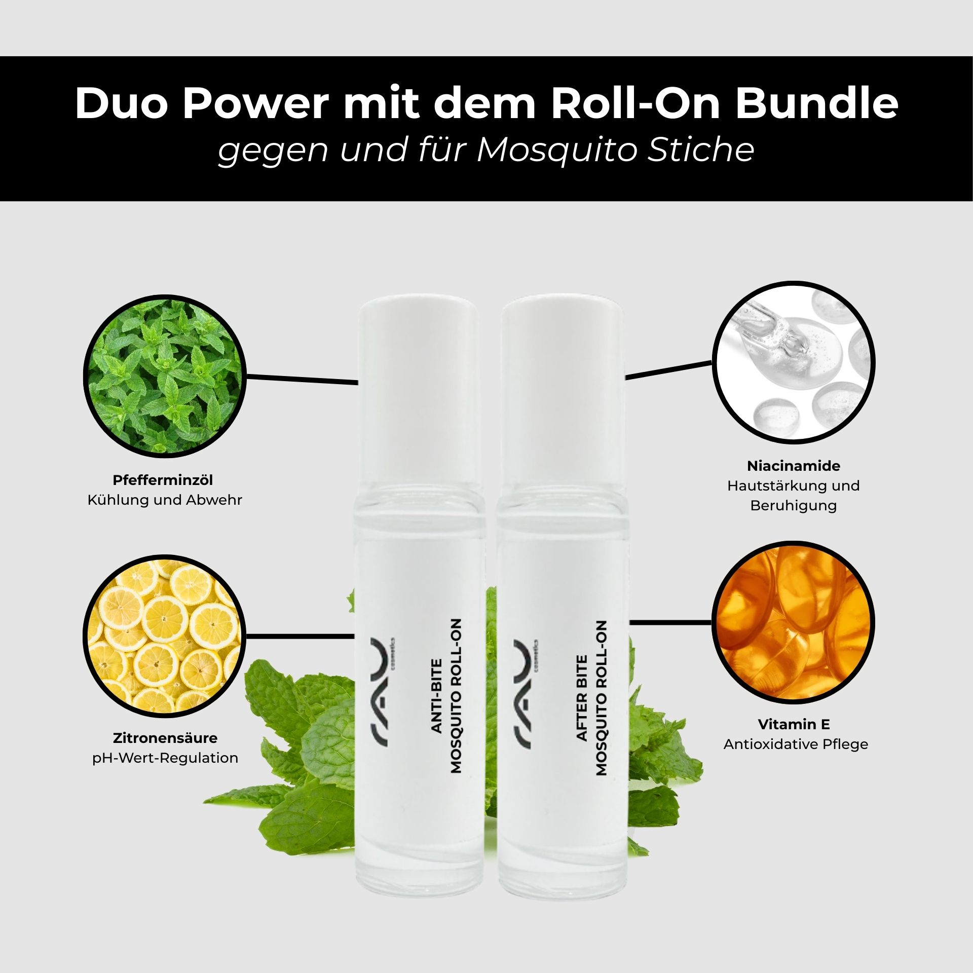 Set antizanzare RAU - Roll-On anti-puntura e anti-puntura Kräuter, Kräuterig, Minze, Flasche, Parfüm