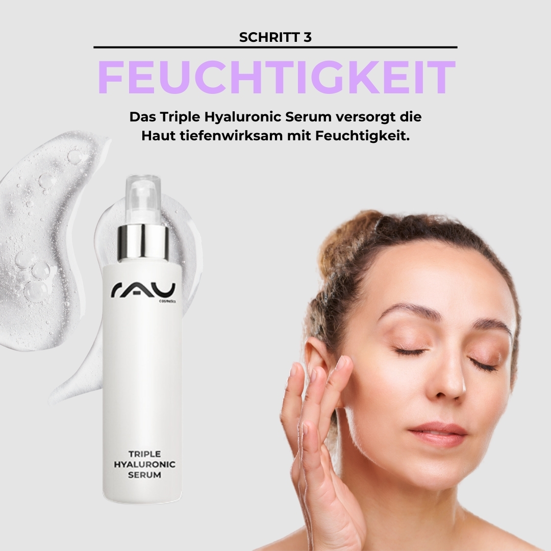 Routine di cura professionale per la pelle secca RAU Cosmetics Profi-Pflegeroutine für trockene Haut – Schritt 3: Feuchtigkeits-Booster mit intensivem Feuchtigkeitseffekt für trockene Haut.