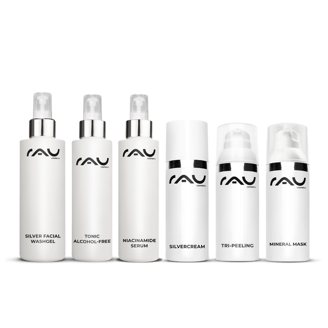 Routine professionale per la cura della pelle secca e impura Profi Pflegeroutine für unreine trockene Haut mit RAU Cosmetics Produkten: Silber Waschgel, alkoholfreies Tonic, Niacinamid Serum, Silbercreme, Tri-Peeling und Mineralmaske.