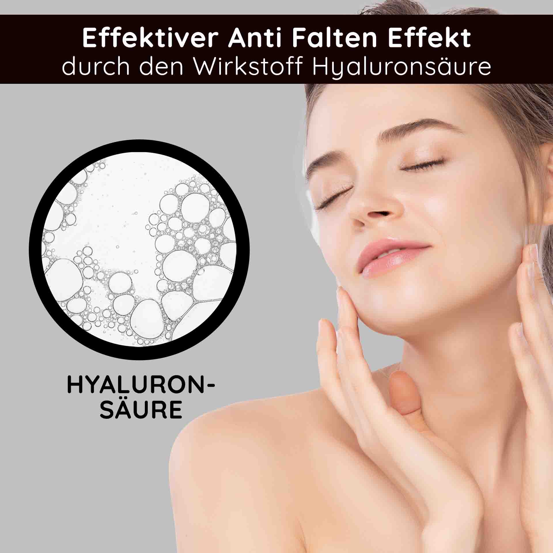 Effektiver Anti-Falten-Effekt durch Hyaluronsäure, Frau mit sanfter Hautpflege-Routine, Hautpflege und Anti-Aging, RAU Cosmetics.