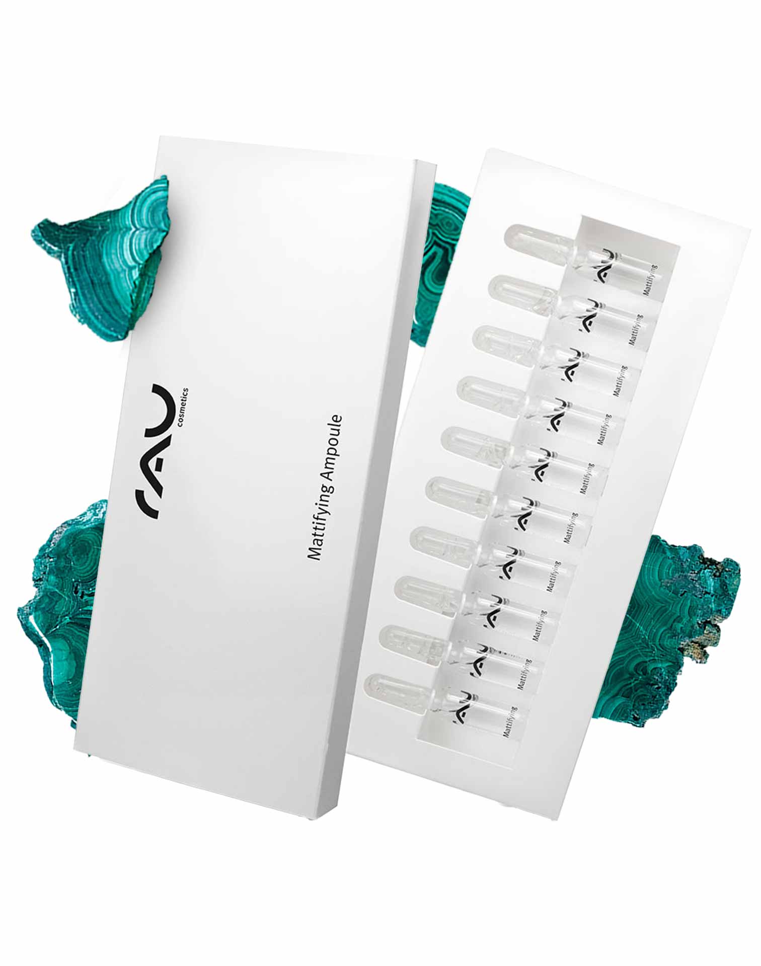 Ampolle opacizzanti 10x2 ml Opacizzante al pistacchio selvatico Mattierende Ampullen von RAU Cosmetics in einer eleganten weißen Verpackung mit durchsichtigen Glasfläschchen, die hochwertige Hautpflegelösungen hervorheben.