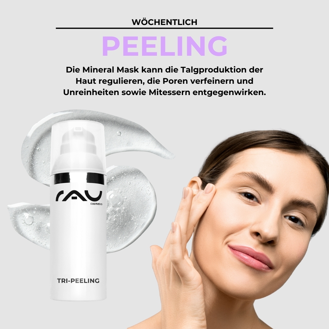 Routine professionale per la cura della pelle secca e impura Peeling Produkt von RAU Cosmetics, Frau mit glattem Teint und feuchtigkeitsspendender Textur, Anwendung zur Verbesserung unreiner trockener Haut.