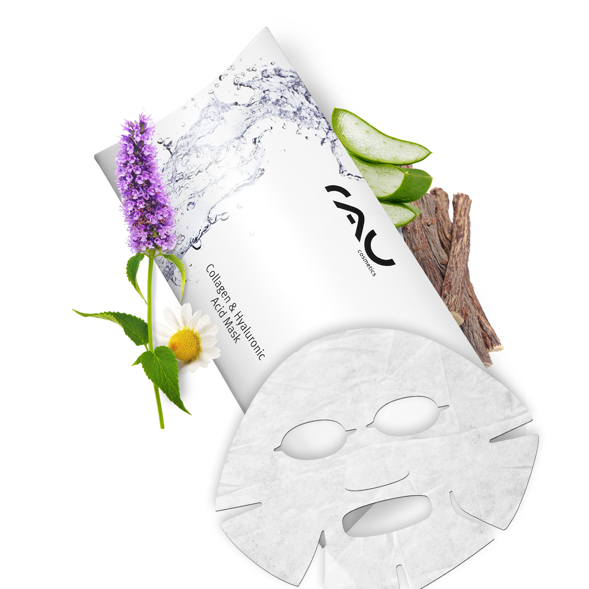 Maschera al collagene e all'acido ialuronico Maschera in pile - Confezione da 10 Kräuterig, Kräuter, Pflanze, Blume, Werbung