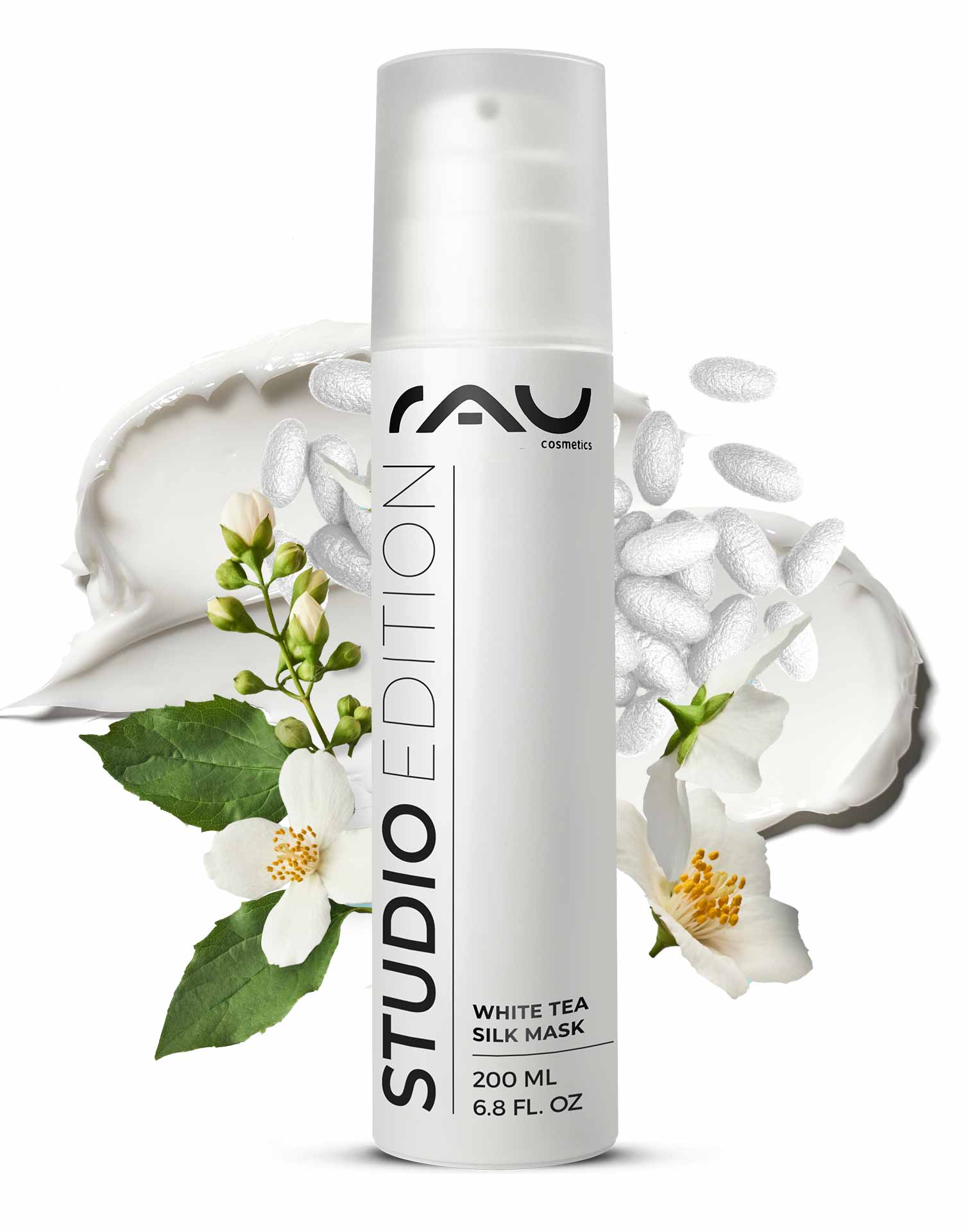 Maschera al tè bianco 200 ml Crema e Maschera Ricca White Tea Silk Mask von RAU Cosmetics, 200 ml Behälter mit floralen Elementen, mit pflegenden Inhaltsstoffen wie weißem Tee und Seidenproteinen, entwickelt für empfindliche und trockene Haut.