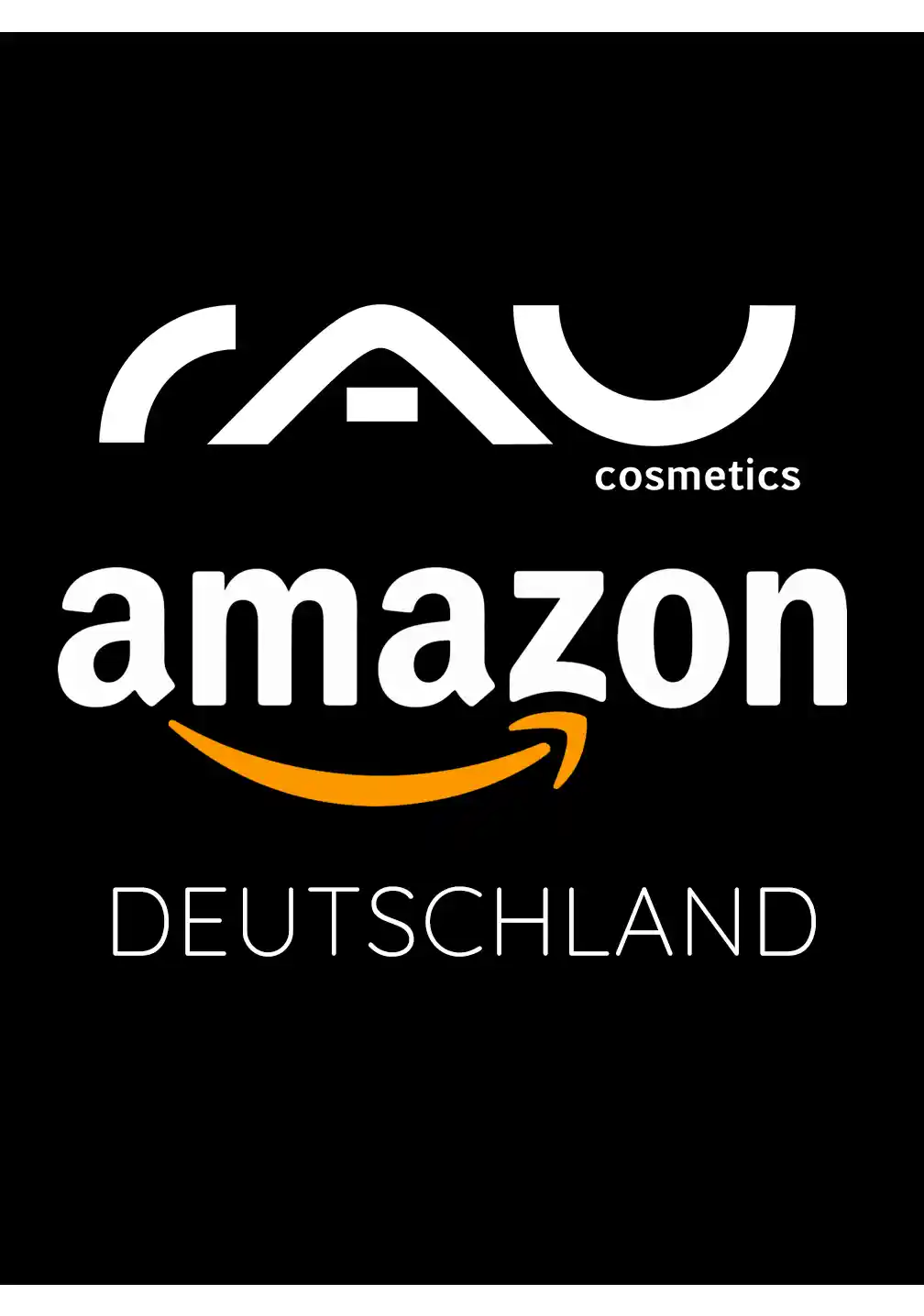 RAU_Cosmetics-Amazon-DE Das RAU Cosmetics-Logo neben dem Amazon Deutschland-Branding auf schwarzem Hintergrund wirbt für die Produktverfügbarkeit auf Amazon.